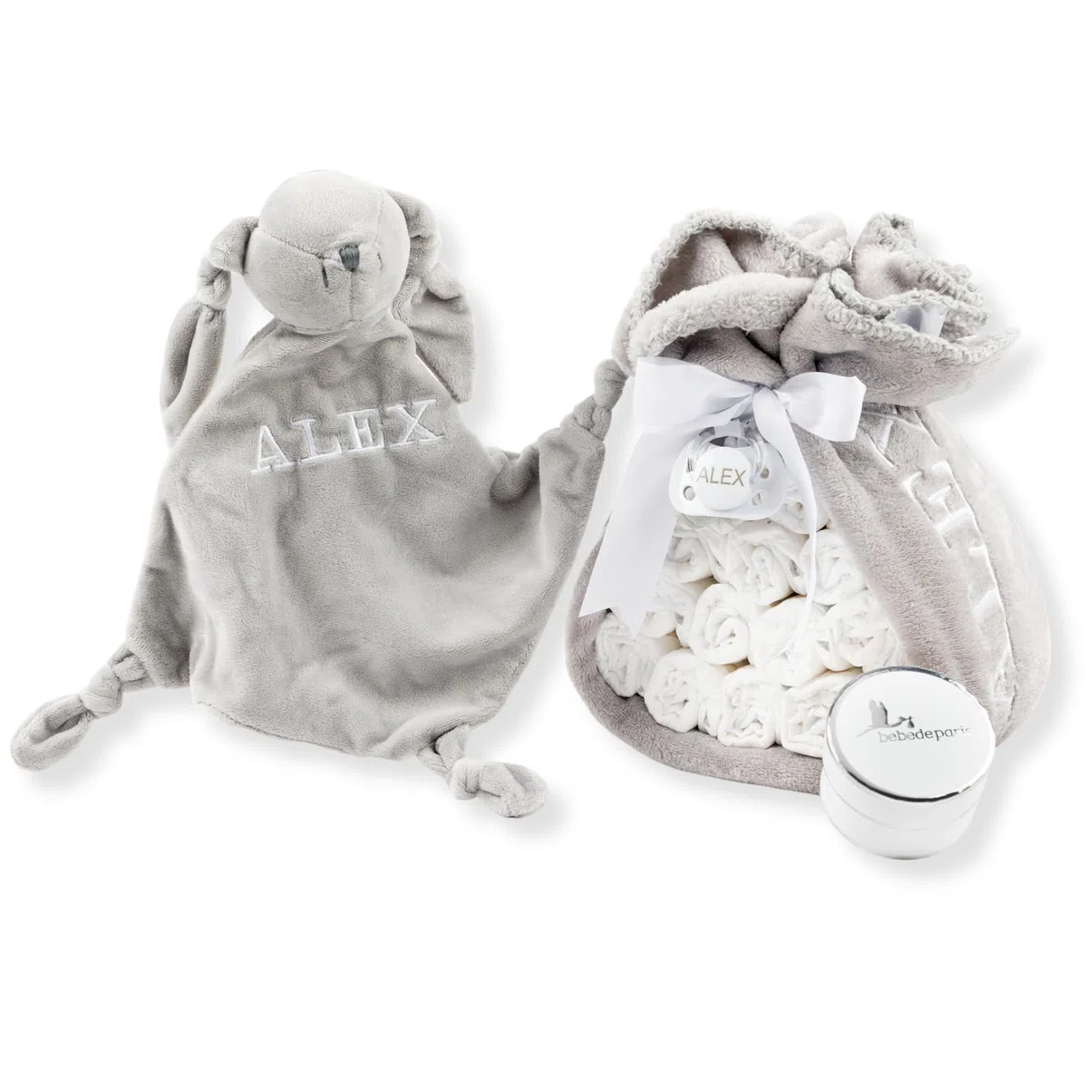 Tarta de Pañales con Doudou Conejito Personalizado | Manta Polar + Chupete Personalizado + 15 Pañales Moltex | Regalo Recién Nacido Baby Shower Nacimiento Niño Niña (Azul) | BebeDeParis