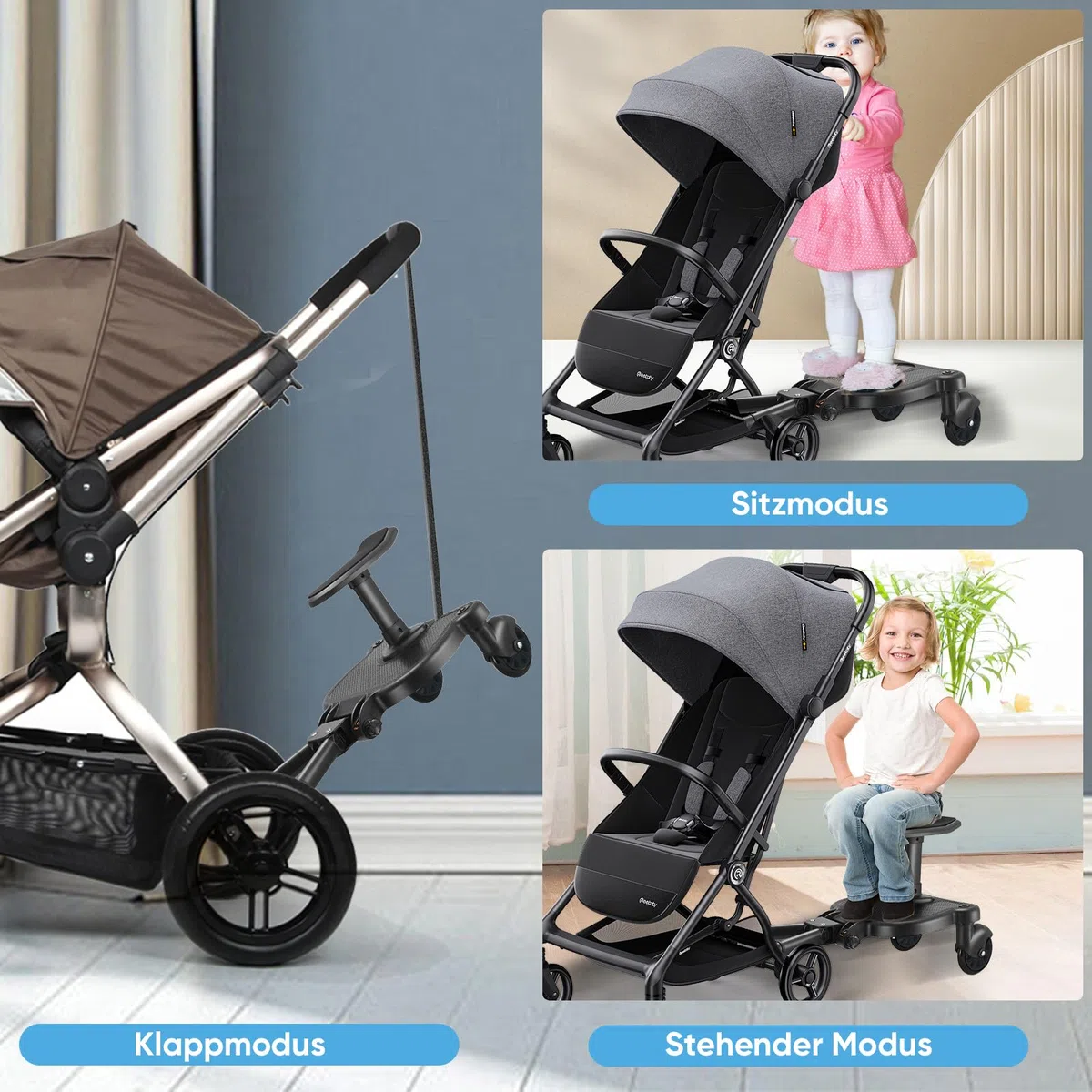 Mevip Patinete Carro Bebe Universal, Buggy Board con Asiento, Tabla para Cochecito con Bolsa de Almacenamiento, Accesorio para Cochecito para Niños de 2 a 6 Nños (55 LB)