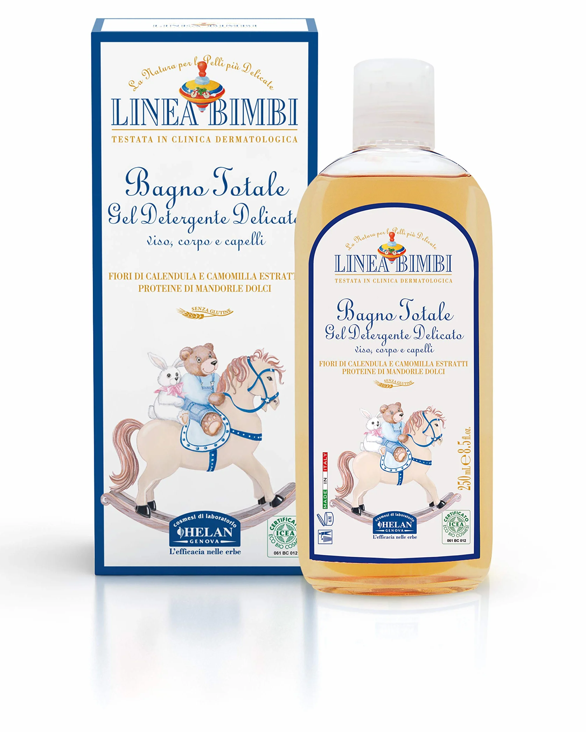 Helan, Linea Bimbi – Dolce Benvenuto - Set para bebé con champú de gel de 250 ml, almidón de arroz para el baño de 75 g, toallitas de 60 unidades, crema para cambiar pañales de 100 g, crema de 100 ml