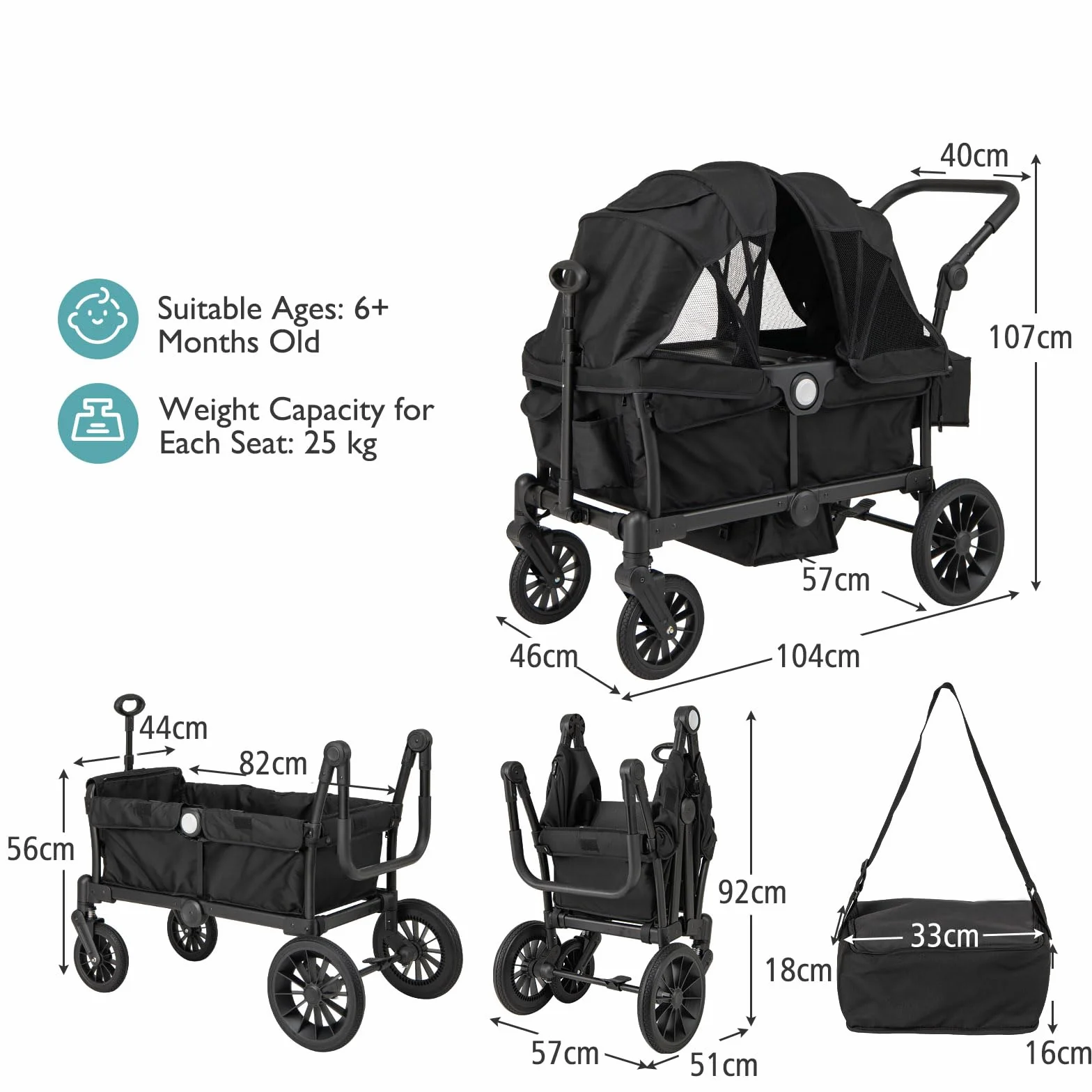 LIFEZEAL Carrito de Viaje para Niños de 6 Meses o Más, Plegable, Ajustable, Portátil, con Techo, Ruedas, Bolsa de Pañales, Máx. 50 kg