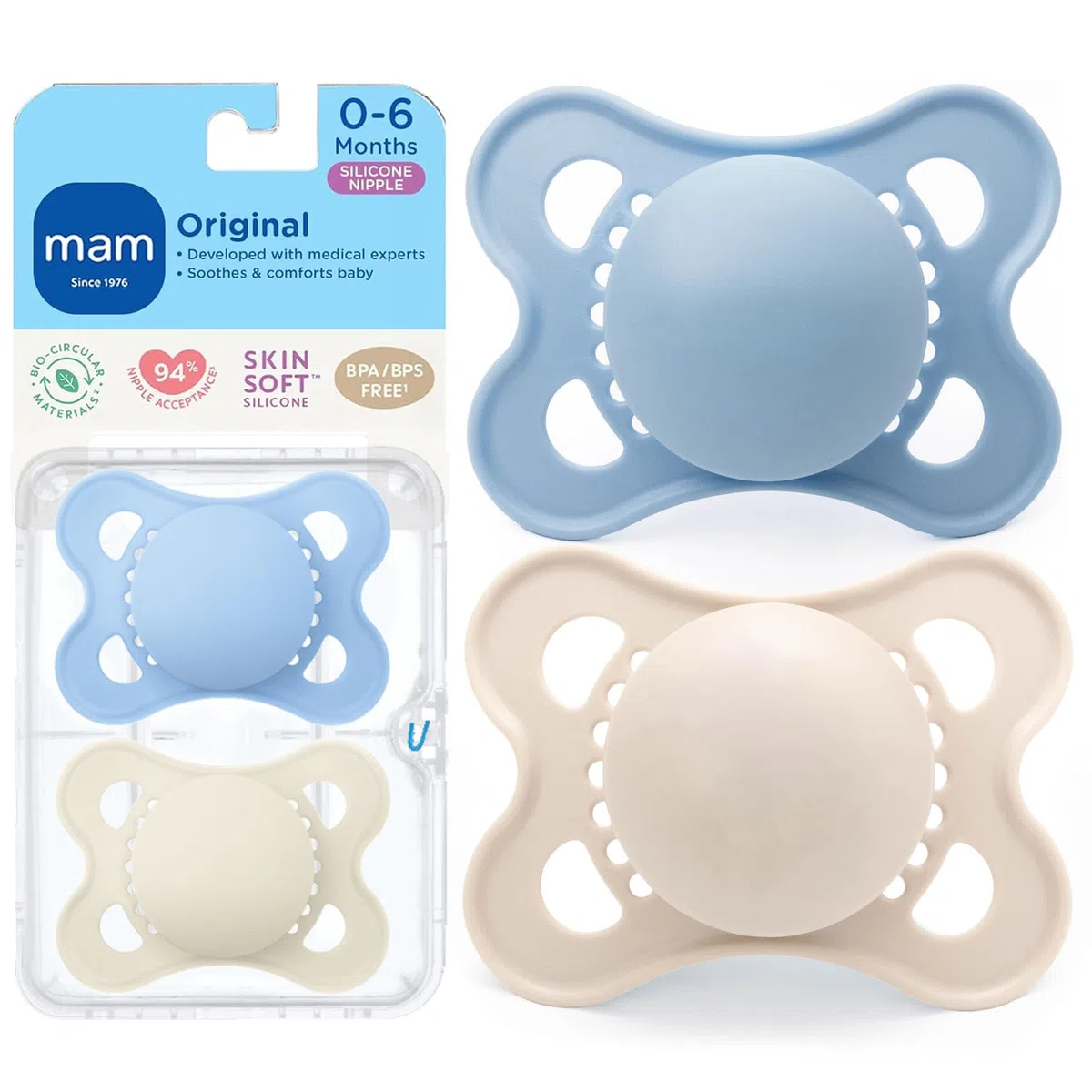 MAM - Chupón Original Mate para bebé, con Forma de pezón Que Ayuda a Promover un Desarrollo Oral Saludable, Estuche esterilizador, niño y niña, 0-6 Meses (2 Unidades).