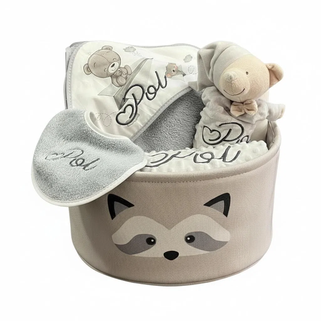 Danielstore Canastilla Bebé Personalizada | Set Regalo para Recién Nacido, 50% algodón 50% poliéster | Incluye manta, dou dou, toalla baño, babero Gris