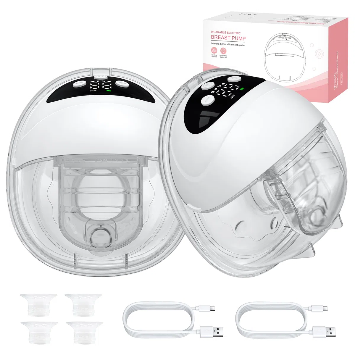 2 Piezas Sacaleches Eléctrico Manos Libres Extractor de Leche Portátil Silenciosa con 4 Modos y 12 Niveles Con Brida de 21/24/27 mm para la Oficina, los Desplazamientos y los Viajes (Blanca)