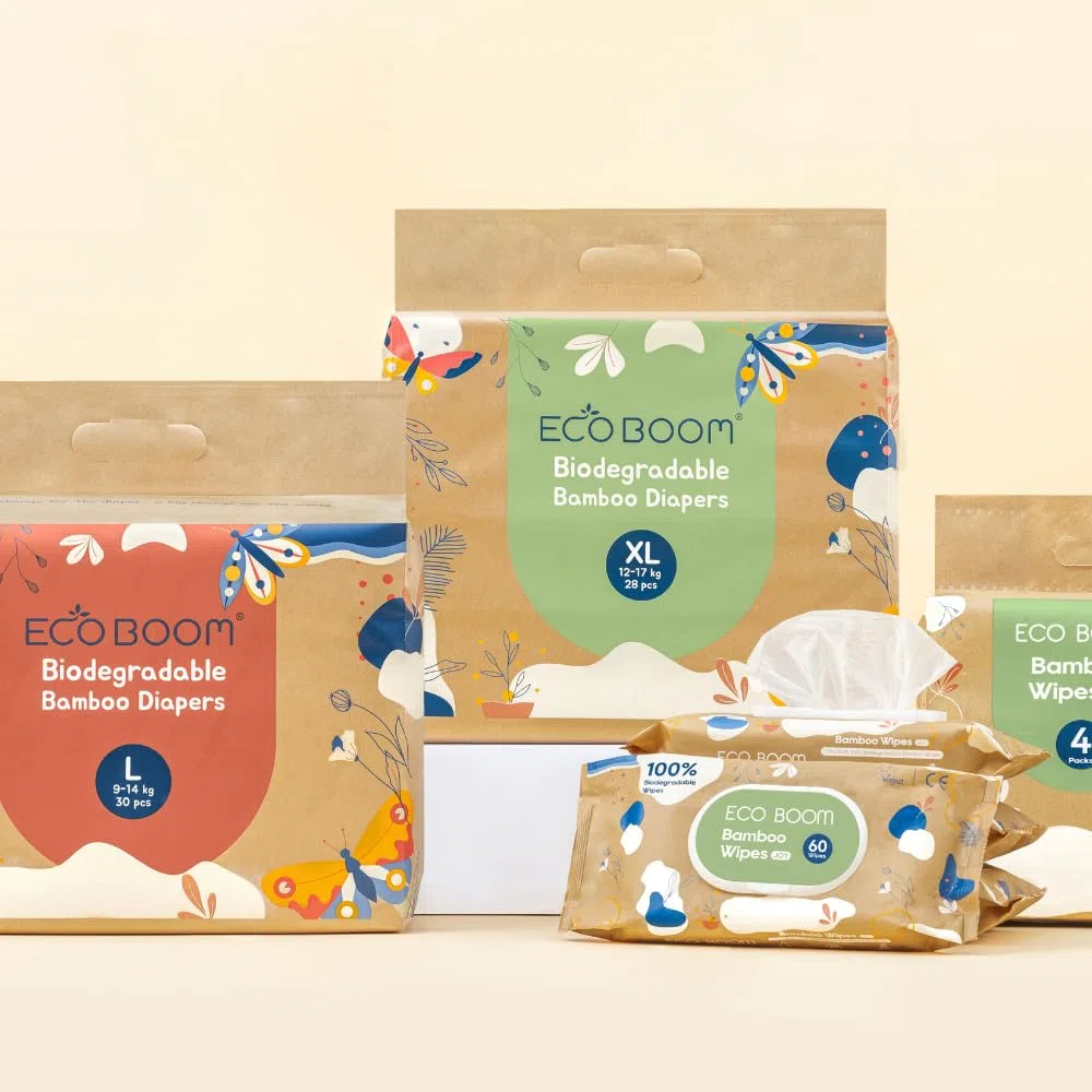 ECOBOOM JOY- Pañal Ecológico de BAMBÚ. 70% Biodegradable, Hipoalergénico (TALLA 3/M, 6-10 KG, PACK 4 BOLSAS - 128 pañales)