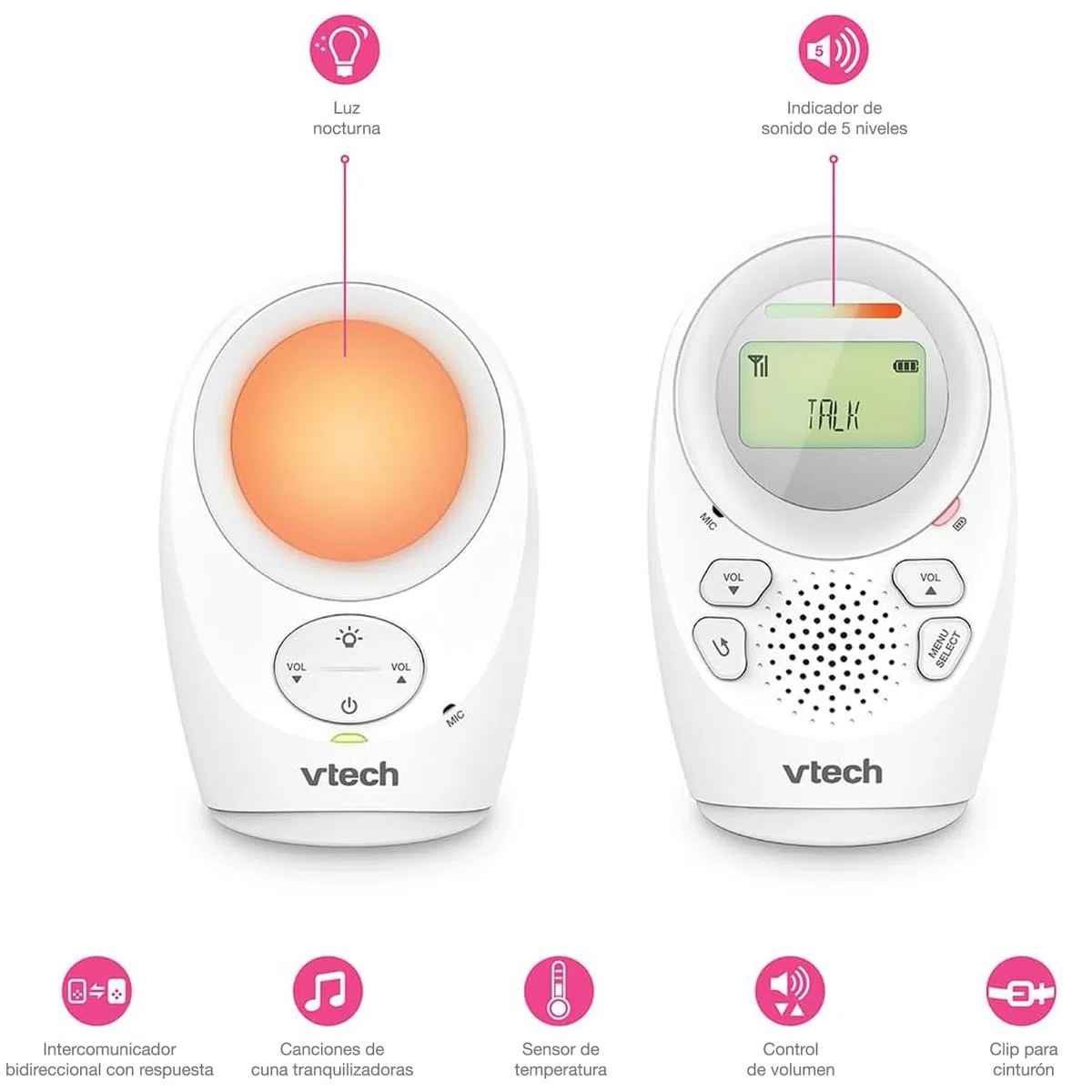 VTech BM1211 Monitor de Audio para Bebé, Transmisión de Sonido Clara y Segura, Largo Alcance, Control de Volumen de 5 Niveles, Luz Nocturna, Función de Hablar con el Bebé, Pinza para Cinturón