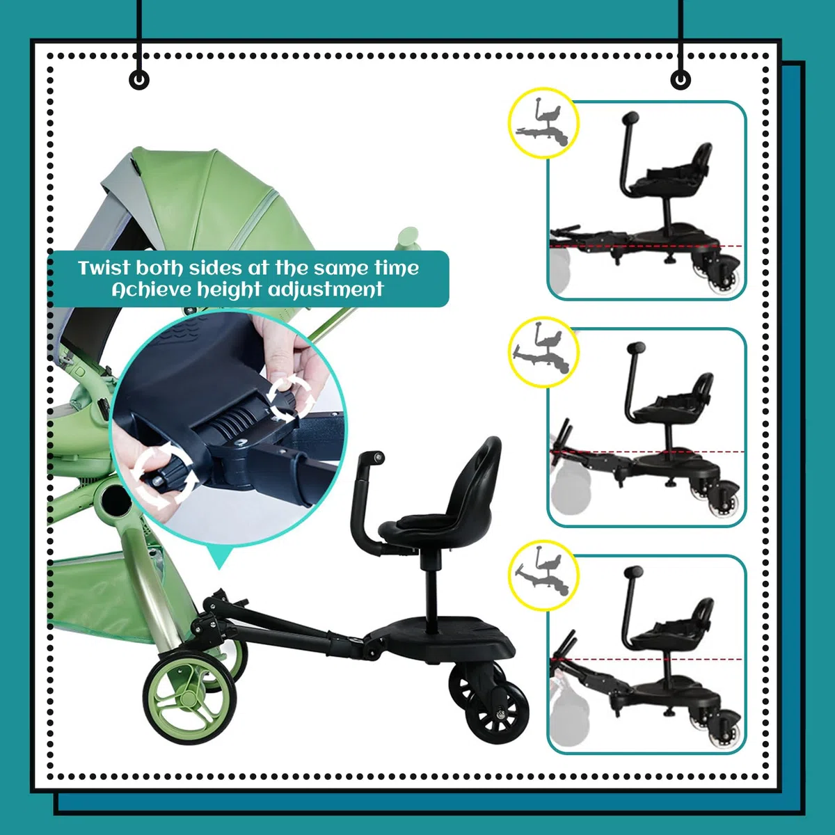Patinete con Asiento Buggy Board para Silla de paseo, Patin Carro para Bebe Apto para el 99% de Todos los cochecitos, Tabla para Cochecito, Accesorio para Niños de 2 a 6 Años(2 en 1 Negro)