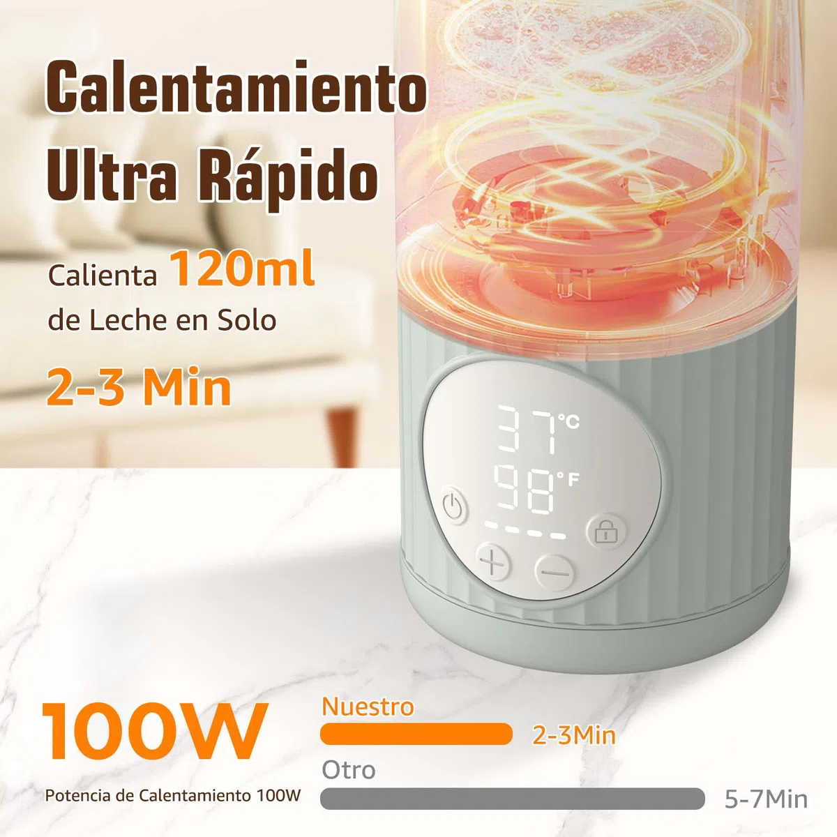Calentador Portátil de Biberones para Leche Materna o Fórmula - 380ml, 100W, Calentamiento Rápido, Control de Temperatura Preciso - Ideal para Viajes (Gris)