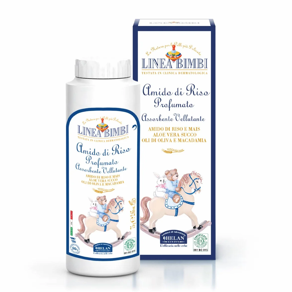 Helan, Linea Bimbi – Dolce Benvenuto - Set para bebé con champú de gel de 250 ml, almidón de arroz para el baño de 75 g, toallitas de 60 unidades, crema para cambiar pañales de 100 g, crema de 100 ml