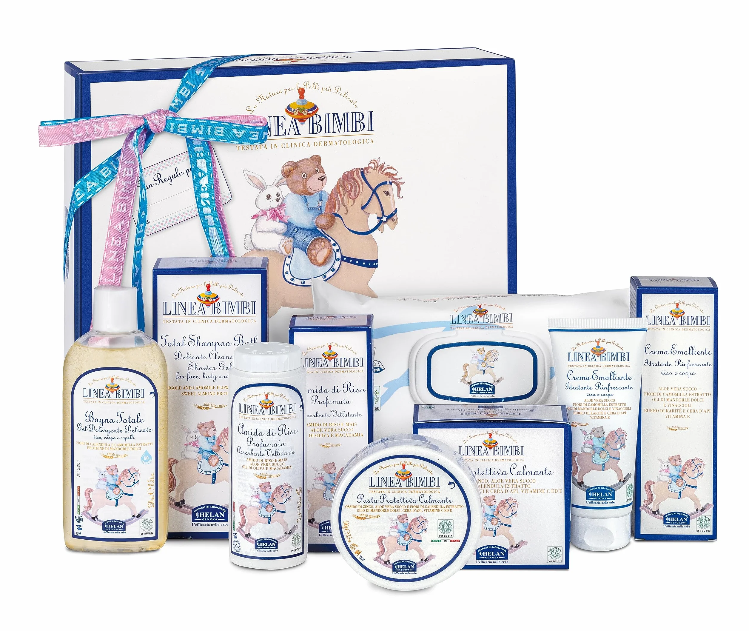 Helan, Linea Bimbi – Dolce Benvenuto - Set para bebé con champú de gel de 250 ml, almidón de arroz para el baño de 75 g, toallitas de 60 unidades, crema para cambiar pañales de 100 g, crema de 100 ml
