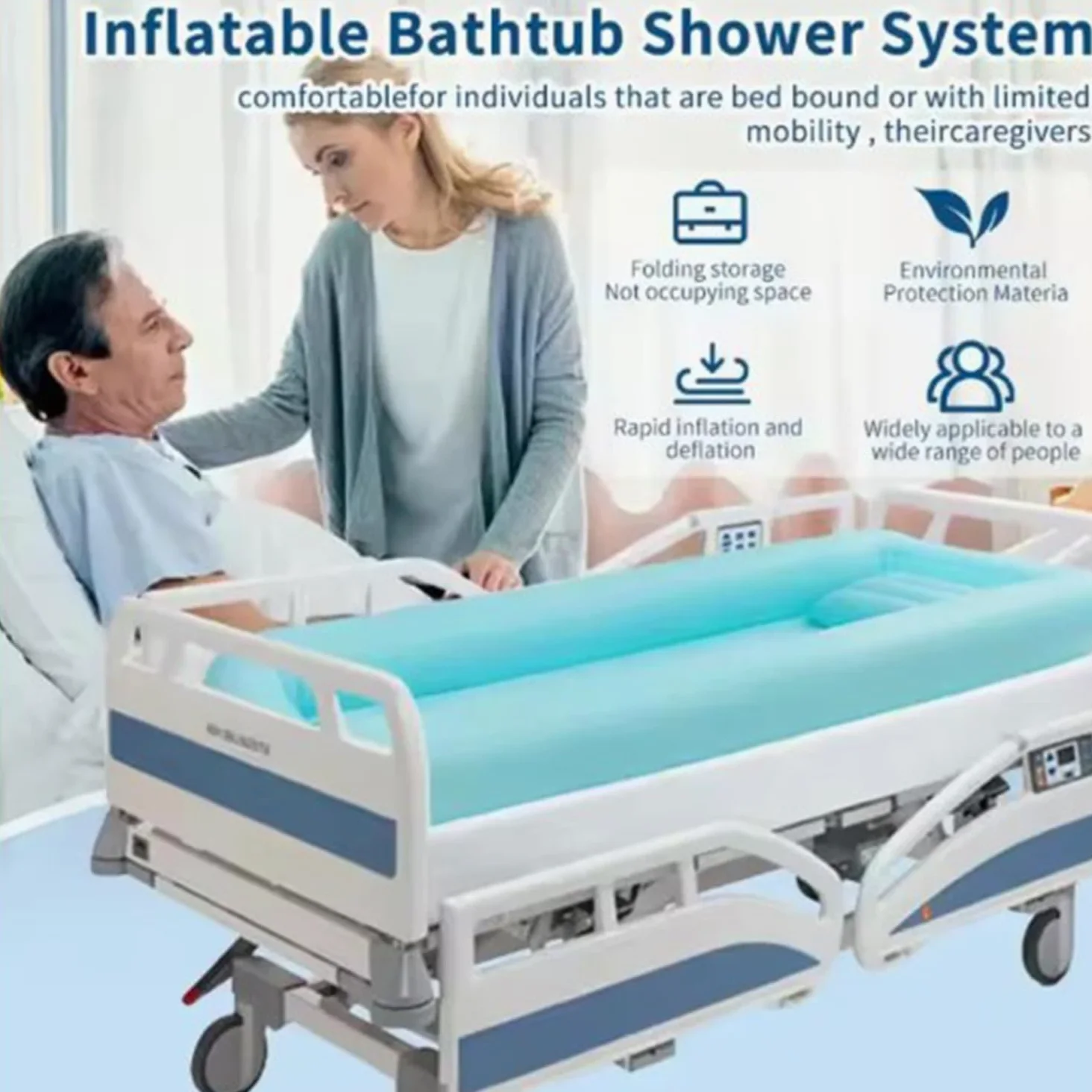 Bañera Inflable Bañera Ducha Con Bolsa De Agua y Bomba De Aire,Bañera Inflable Con Bolsa De Agua y Bomba De Aire,Ayuda Para Baño Junto Cama,Para Personas Con Discapacidad,Personas Mayores y (Azul)
