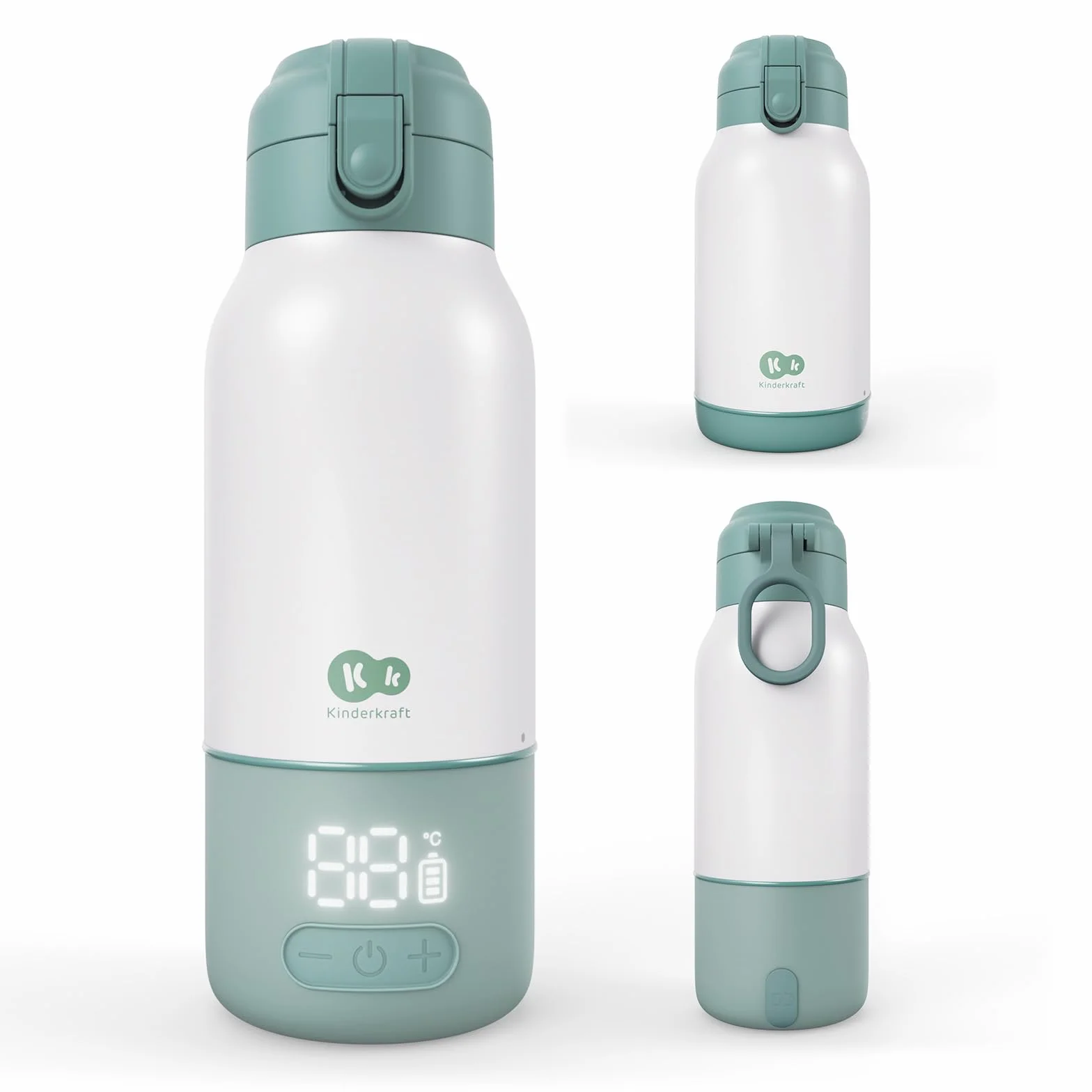 Kinderkraft GAJA, calentador de leche portátil y termo 2 en 1, 500 ml, para bebé y viaje, USB-C, 5 temperaturas, calentamiento rápido en 120 s, hasta 20 h, Verte