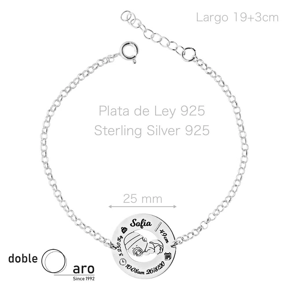 Pulsera de Nacimiento en Plata de Ley - Graba los datos de Nacimiento de tu Bebé - Ideal para la mejor mamá