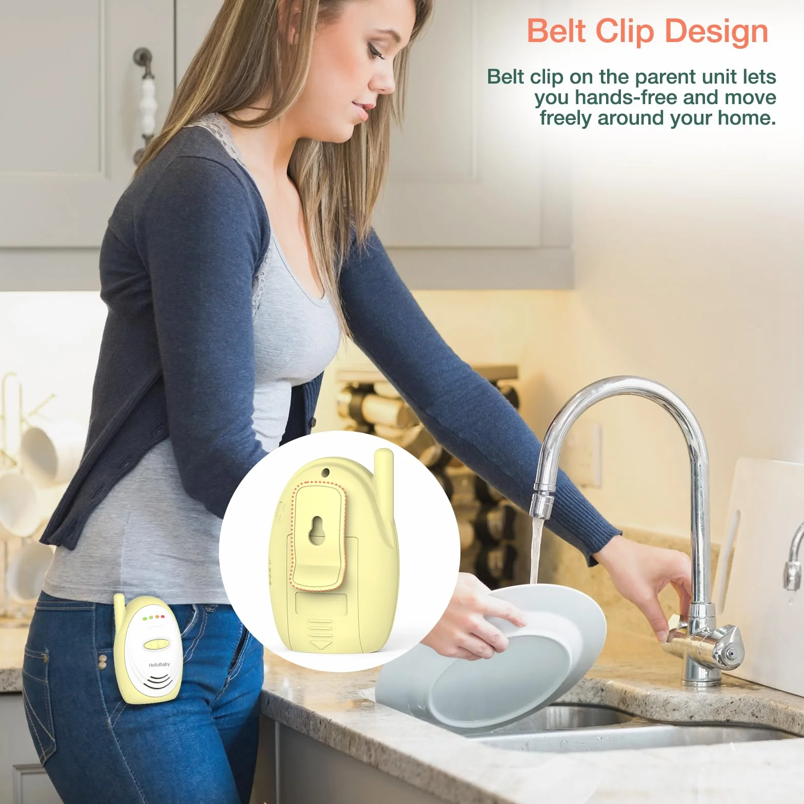 HelloBaby Vigilabebés Audio con Eco, Monitor para Bebés con micrófono de Alta sensibilidad, Intercomunicador Inalámbrico de 2,4 GHz con Tecnología DECT, Alcance de 300 Metros, Amarillo