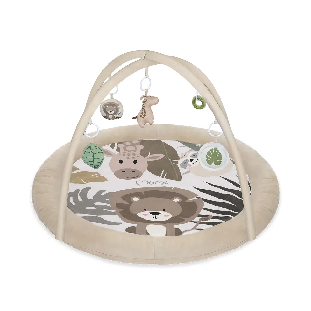 MoMi LUANI Arco de juego con alfombra para gatear, Ø 72 cm (interior), borde alto de 10 cm, 6 juguetes lavables: espejo, juguete con chirrido, jirafa de peluche con sonajero, dos mordedores