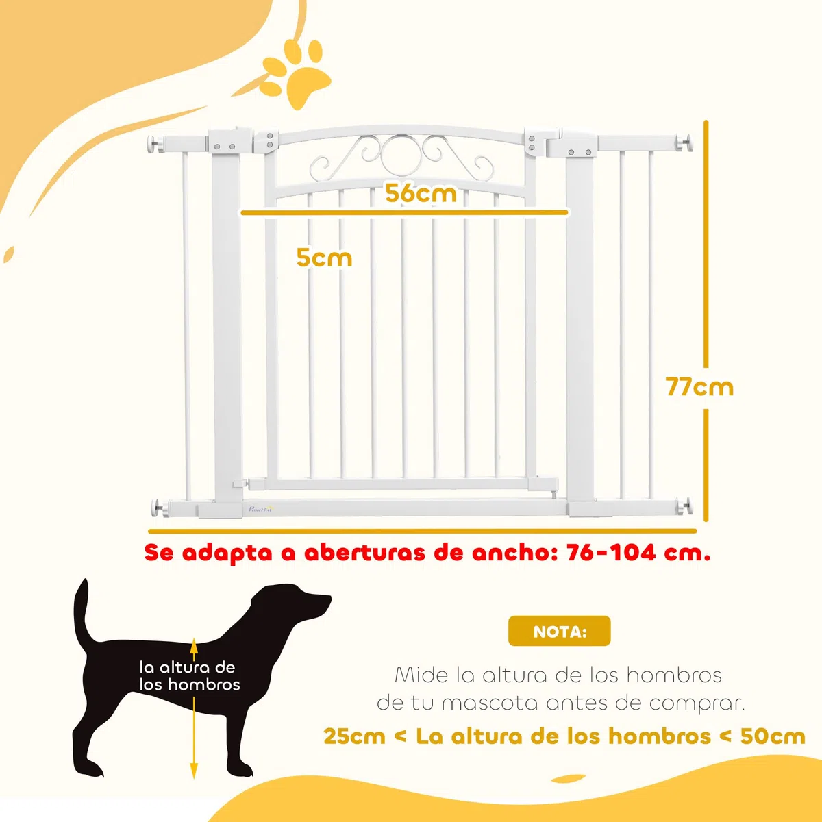 PawHut Barrera para Perros con Cierre Automático, Puerta para Perros 76-104 cm, Barrera de Seguridad con 2 Extensiones 7/14 cm, Fácil Montaje, Doble Bloqueo, para Escaleras y Puertas, Blanco