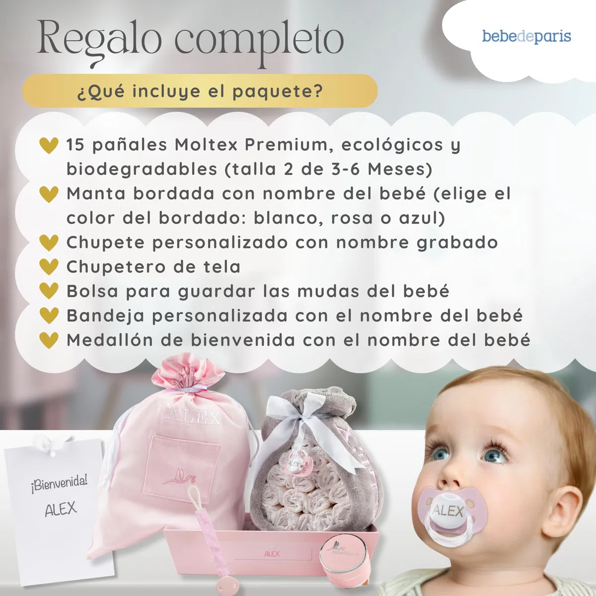 Tarta de Pañales para Recién Nacida con Manta Bordada + 15 Pañales Talla 2 + Chupete Personalizado Rosa | BebeDeParis