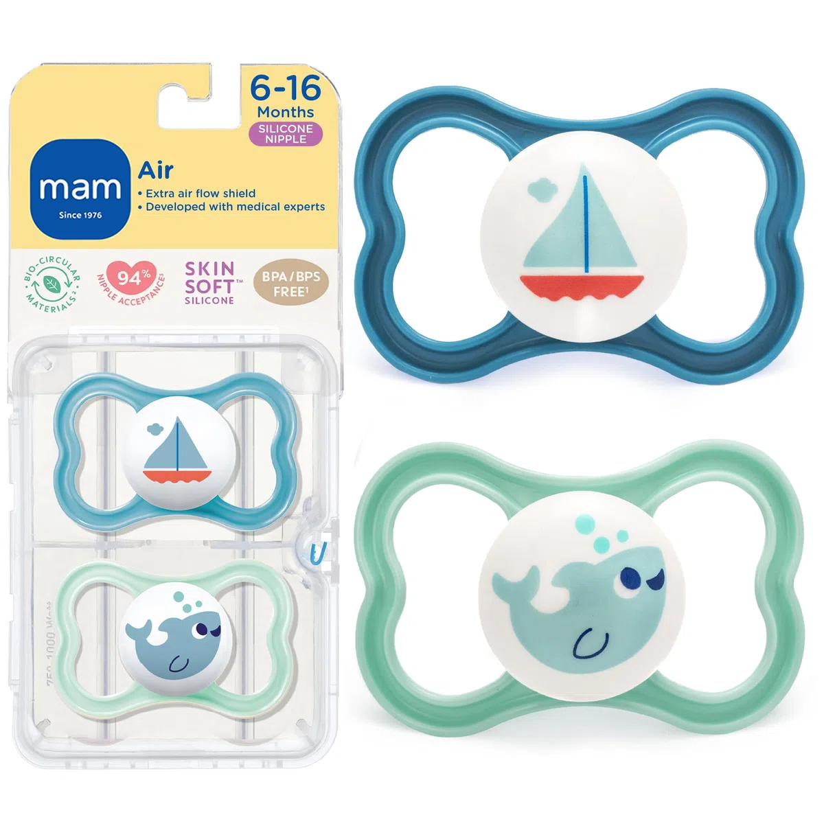 MAM Air Silicone Pacifier, Blue, 6 Plus Months, 2-Count by MAM