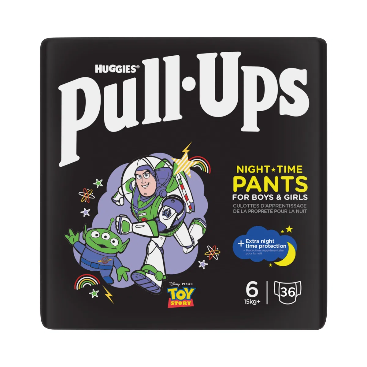 Huggies Pull-Ups, pantalones deportivos de noche para niños, 2-4 años, talla 6-7 pañales para dominadas (36 pantalones), protección extra nocturna, soporte para rutinas consistentes de entrenamiento