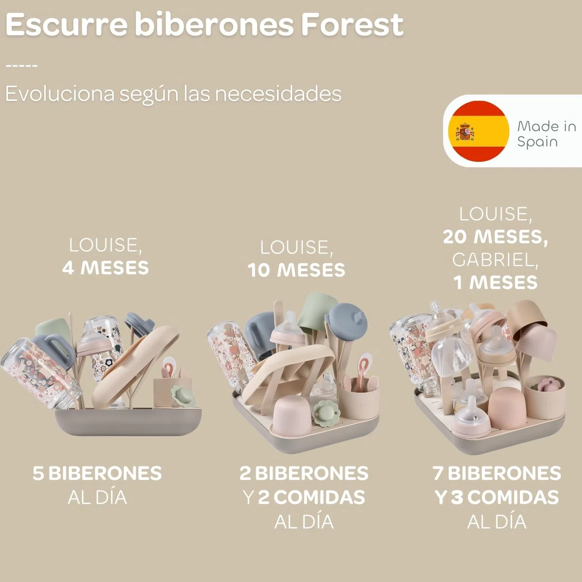 BÉABA, Escurridor y secador de biberones, gran capacidad, fabricado en España, modulable, hasta 6 biberones y vajilla para niños, recipiente para accesorios, fácil de guardar, compacto, Aarcilla.