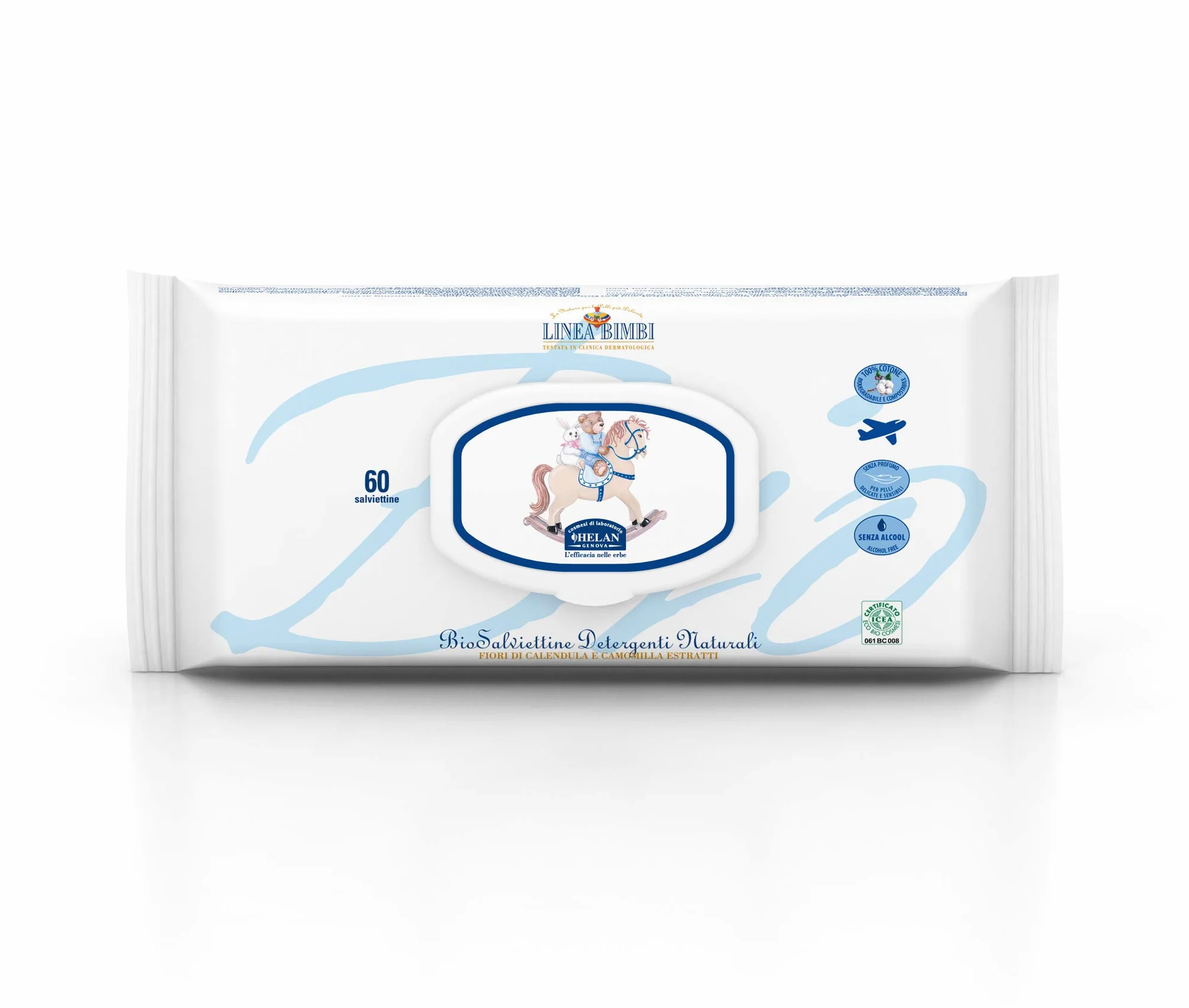 Helan, Linea Bimbi – Dolce Benvenuto - Set para bebé con champú de gel de 250 ml, almidón de arroz para el baño de 75 g, toallitas de 60 unidades, crema para cambiar pañales de 100 g, crema de 100 ml