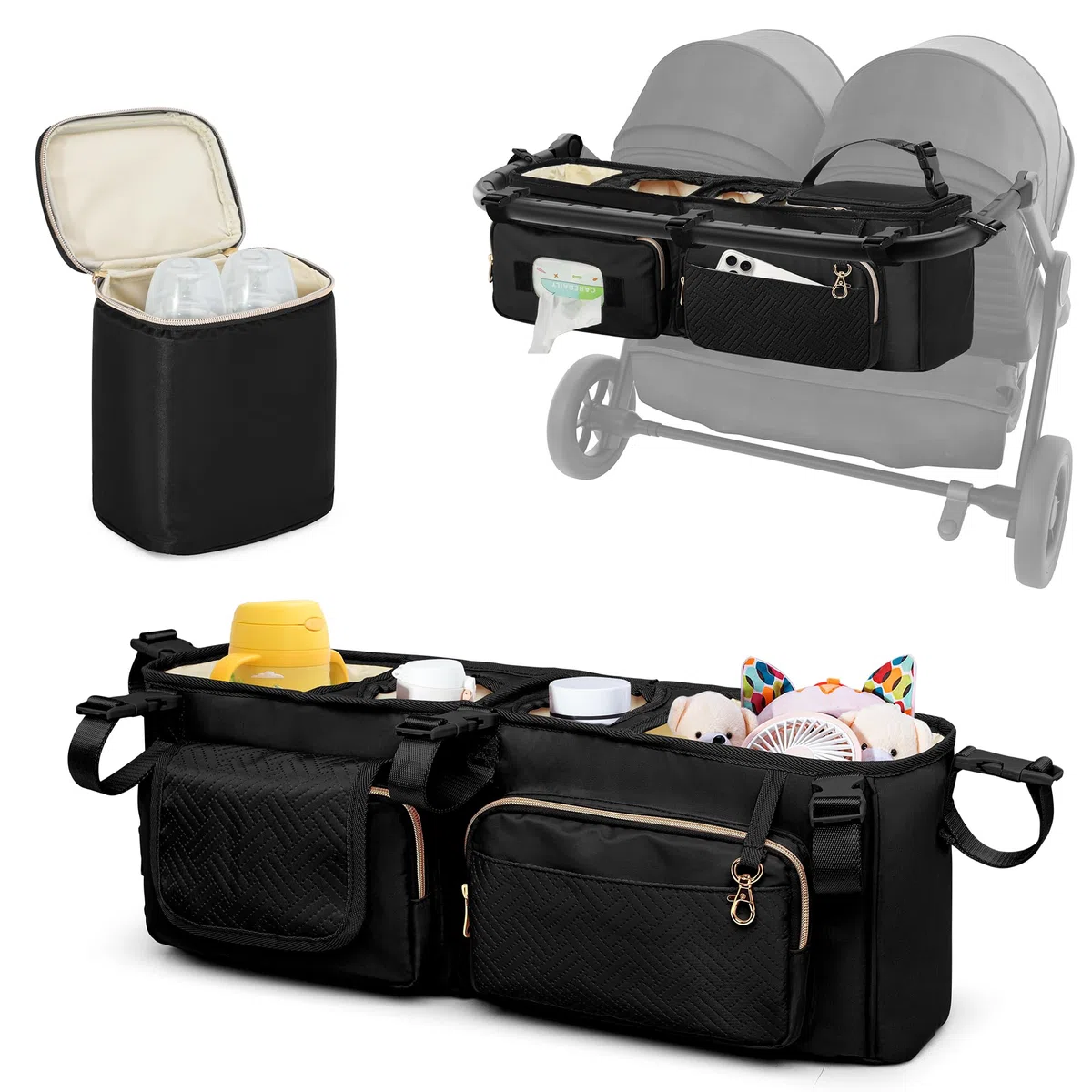 Organizador para Cochecito Doble Compatible con BOB Duallie y City Mini GT2 Cochecito Doble, Organizador para Cochecito Doble con Portavasos y Bolsa Nevera,Negro (Bolsa Vacía)