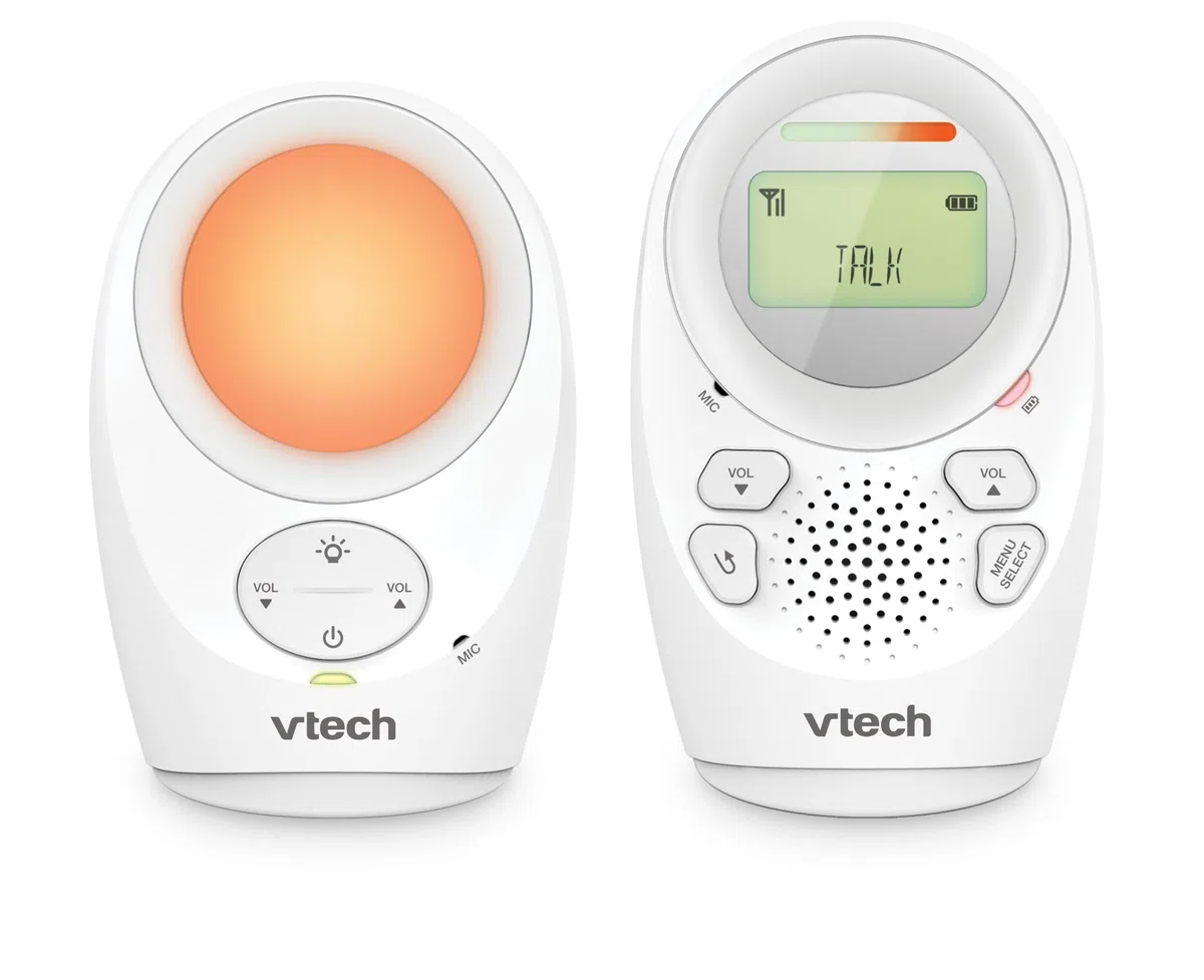 VTech DM1211 Monitor de Audio para bebé, Largo Alcance, Monitor de bebé con conversación bidireccional, Pantalla de Nivel de Ruido, Sensor de Temperatura, Sonidos relajantes, Clip para cinturón de