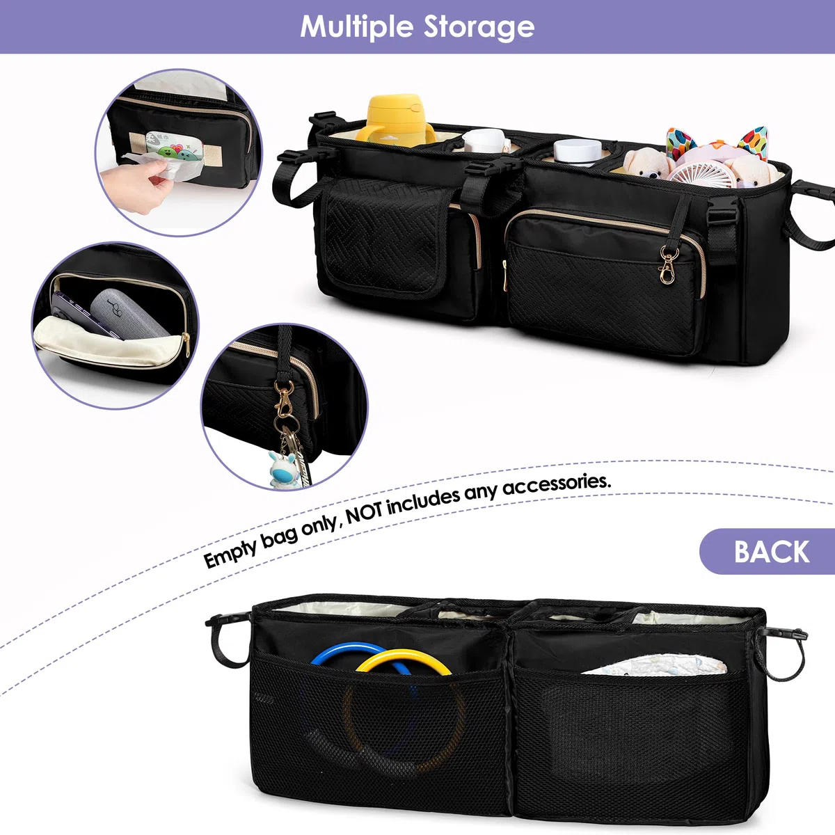 Organizador para Cochecito Doble Compatible con BOB Duallie y City Mini GT2 Cochecito Doble, Organizador para Cochecito Doble con Portavasos y Bolsa Nevera,Negro (Bolsa Vacía)