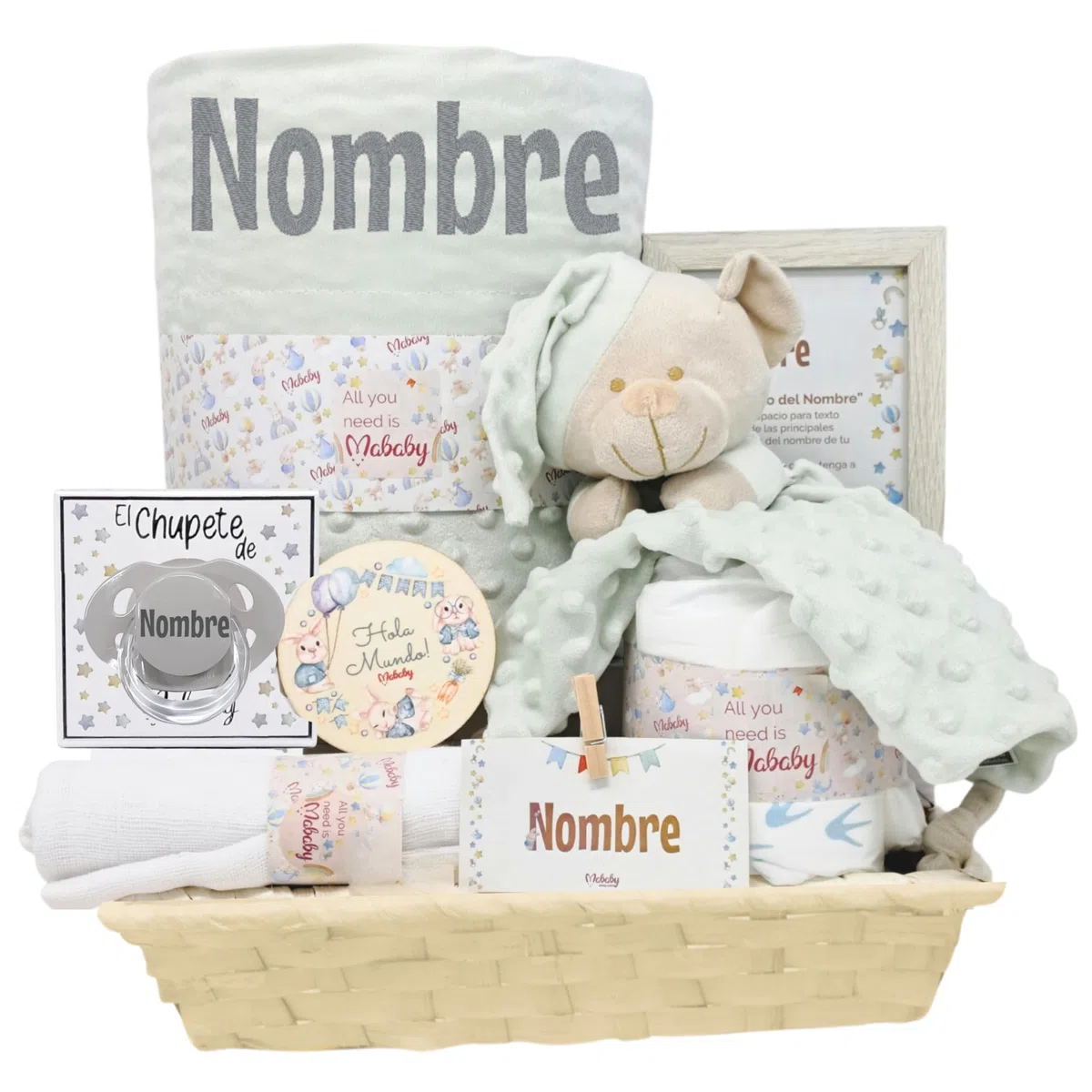 Menta - Cesta de Bebé Personalizada con Manta Burbujas Bordada, Dou Dou de Apego y Chupete Personalizado - Regalo Ideal para Recién Nacidos