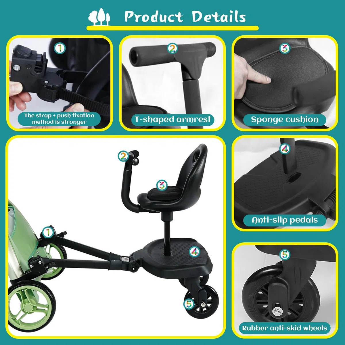 Patinete con Asiento Buggy Board para Silla de paseo, Patin Carro para Bebe Apto para el 99% de Todos los cochecitos, Tabla para Cochecito, Accesorio para Niños de 2 a 6 Años(2 en 1 Negro)
