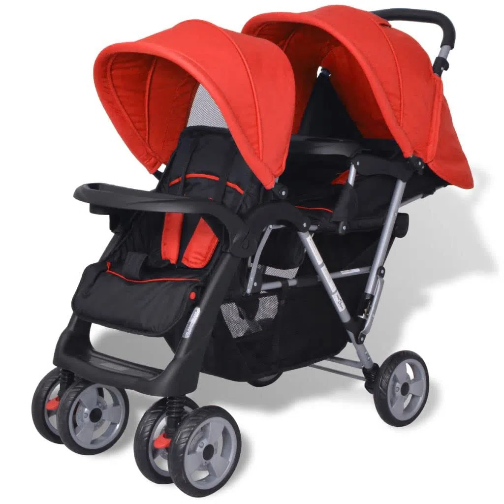 Plegable Silla gemelar para Gemelos y Hermanos Carrito Gemelar Silla de Paseo Cochecito de Bebé Capacidad de Peso 15kg Cada Acero y Tela Oxford Rojo y Negro 118x41x108cm