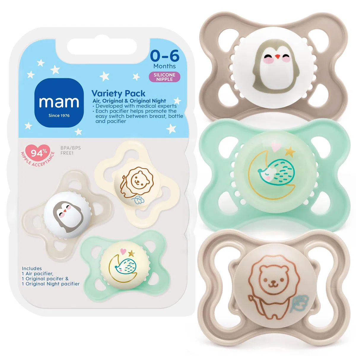 MAM Chupete de 0 a 6 meses, paquete variado, sin BPA, tetina de silicona, paquete de 3