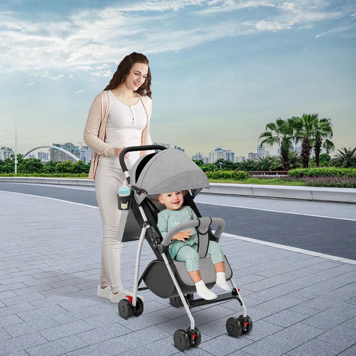Cochecito de caña de bebé ultraligero, compacto, plegable e inclinable desde el nacimiento hasta 25 kg, con sistema Trolley, funda de lluvia y capó extensible, C-gris