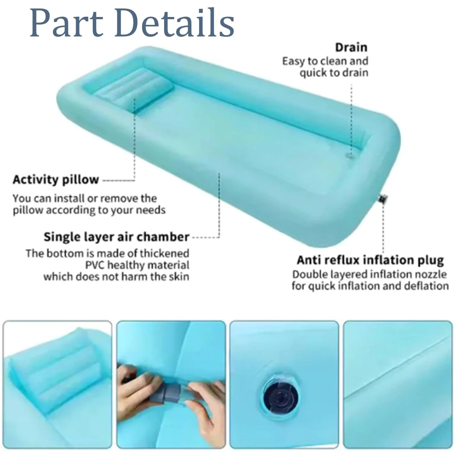 Bañera Inflable Bañera Ducha Con Bolsa De Agua y Bomba De Aire,Bañera Inflable Con Bolsa De Agua y Bomba De Aire,Ayuda Para Baño Junto Cama,Para Personas Con Discapacidad,Personas Mayores y (Azul)