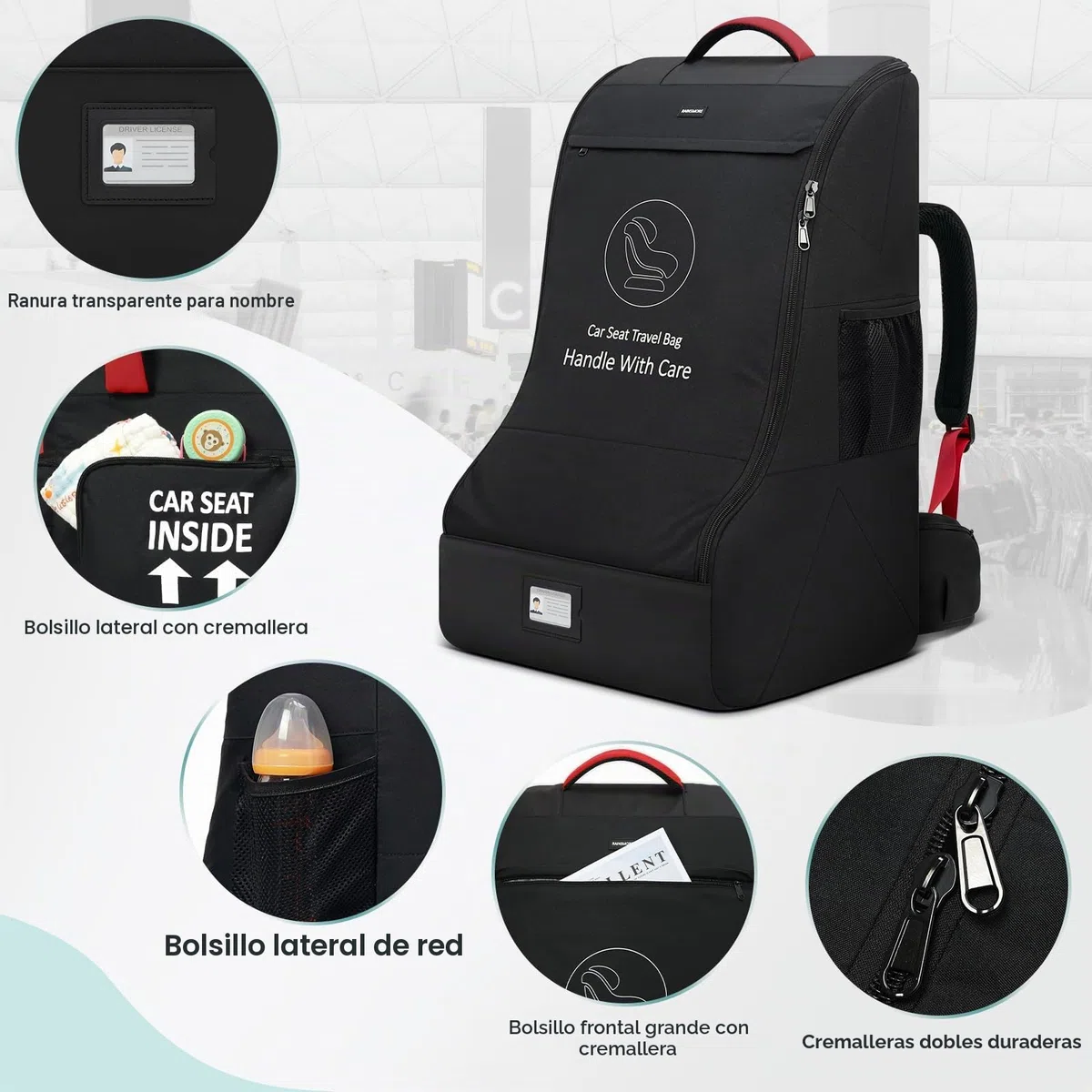 RAINSMORE Mochila Bolsa de Viaje para Silla de Coche de Bebé, Bolsa Acolchada para Asiento de Coche para Avión, Protectora para Porta Sillas Infantiles Impermeable para Aeropuerto, Negro
