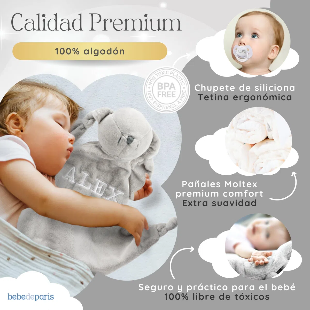 Tarta de Pañales con Doudou Conejito Personalizado | Manta Polar + Chupete Personalizado + 15 Pañales Moltex | Regalo Recién Nacido Baby Shower Nacimiento Niño Niña (Azul) | BebeDeParis