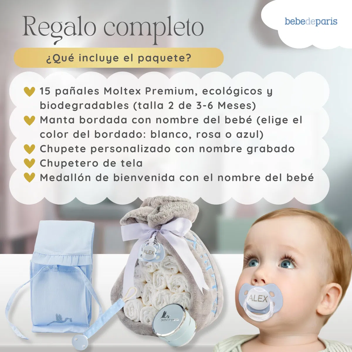Tarta de Pañales para Recién Nacida con Manta Bordada + 15 Pañales Talla 2 + Chupete Personalizado Azul | BebeDeParis