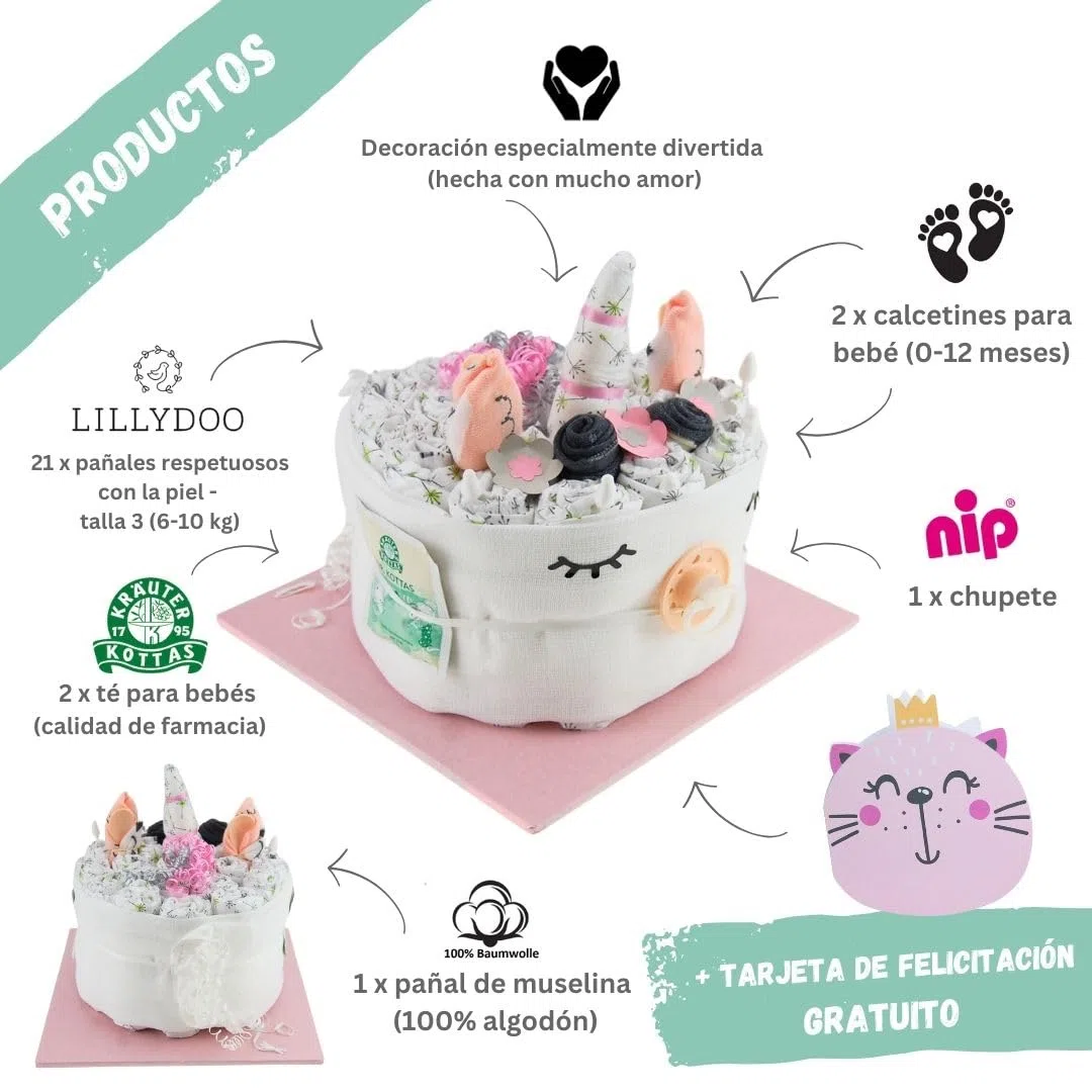 myBambini ® tarta de pañales unicornio rosa niña - regalo recién nacido nacimiento [dar alegría] juguete primer equipo toallitas húmedas chupete - encargo tarta