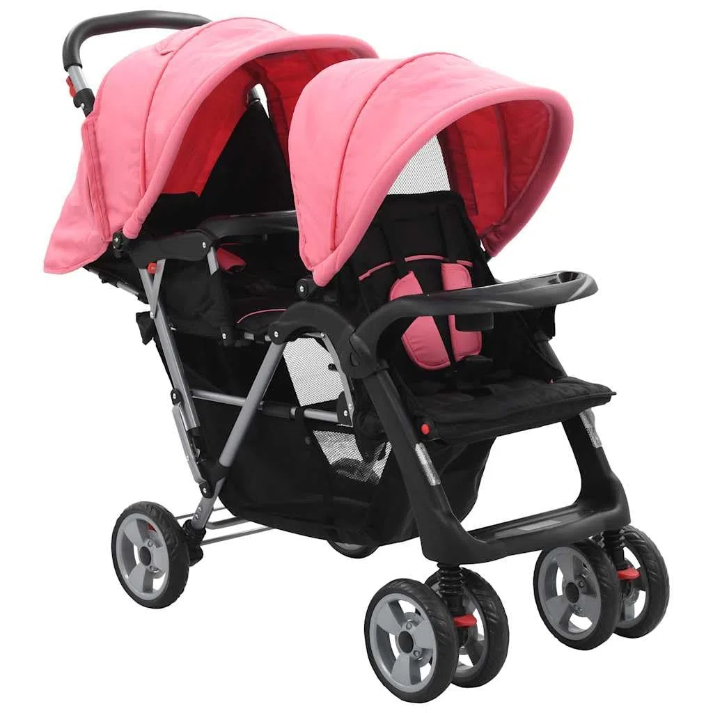 vidaXL Carrito para Dos Bebés Tandem Rosa/Negro de Acero Cochecito de Mellizos Ajustable Transporte Ligero Versátil Compacto Práctico Cómodo Plegable