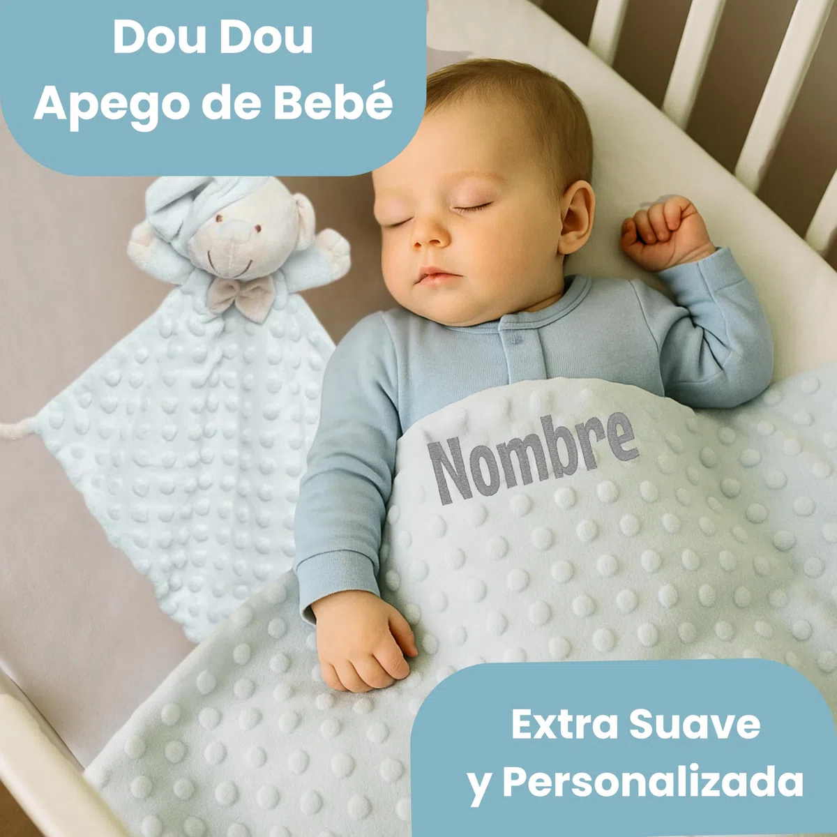 Menta - Cesta de Bebé Personalizada con Manta Burbujas Bordada, Dou Dou de Apego y Chupete Personalizado - Regalo Ideal para Recién Nacidos