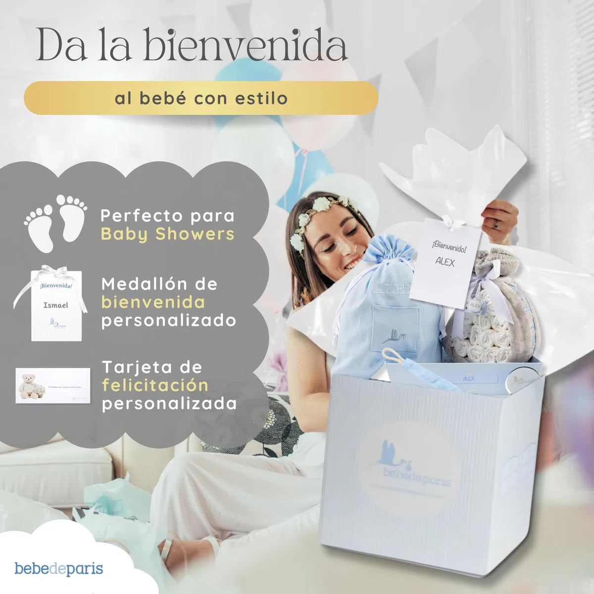 Tarta de Pañales para Recién Nacida con Manta Bordada + 15 Pañales Talla 2 + Chupete Personalizado Azul | BebeDeParis