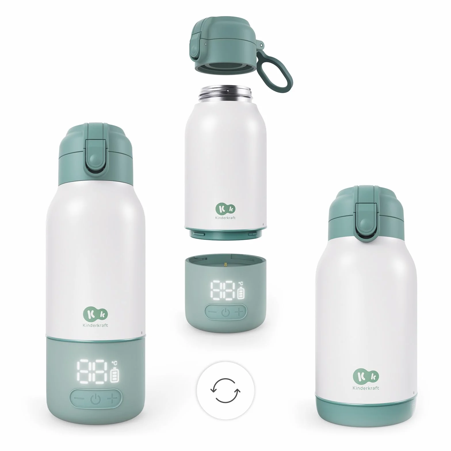 Kinderkraft GAJA, calentador de leche portátil y termo 2 en 1, 500 ml, para bebé y viaje, USB-C, 5 temperaturas, calentamiento rápido en 120 s, hasta 20 h, Verte