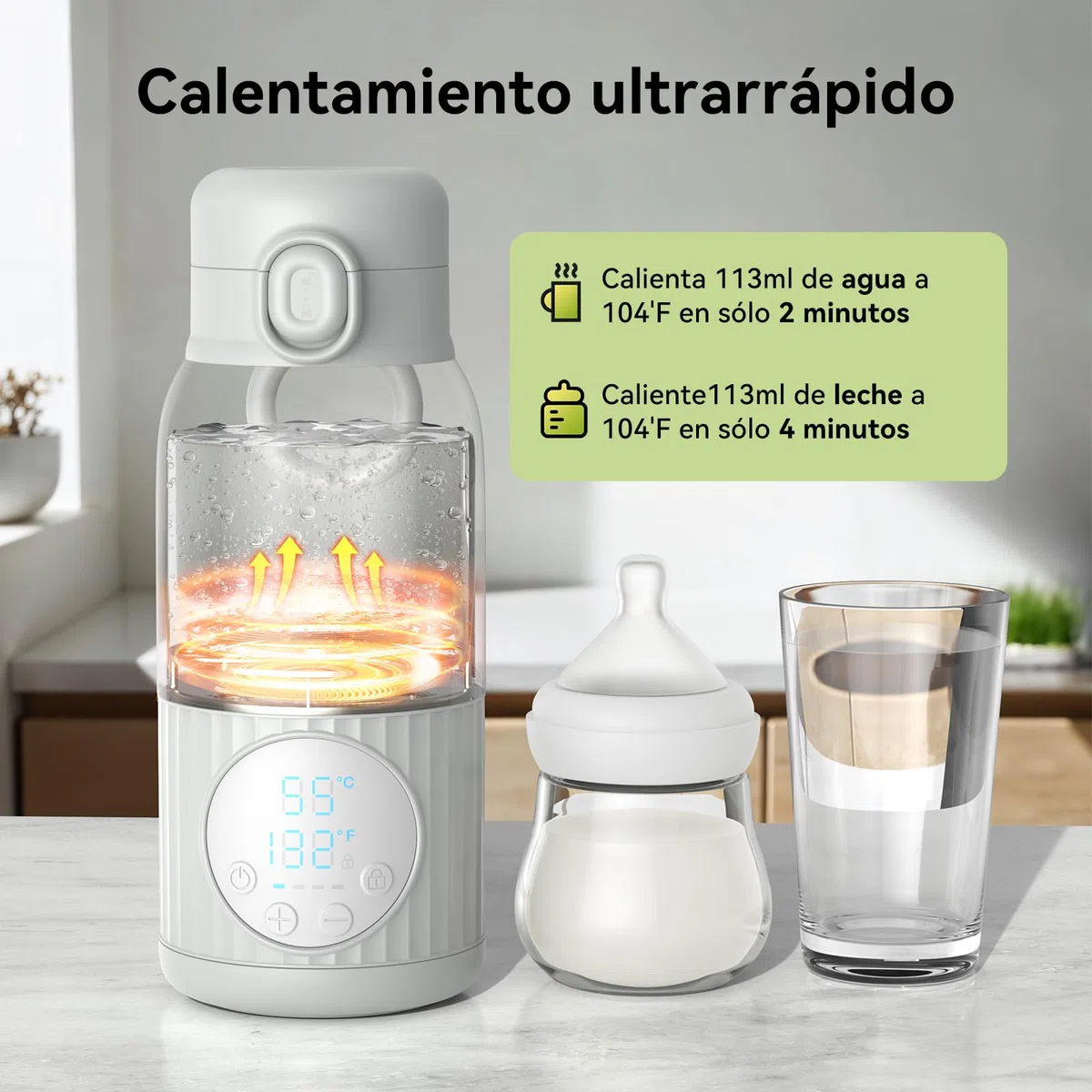 Calentador de biberones portátil para bebé batería de 380 ml para leche materna agua 10000 mAh calentamiento rápido control de temperatura preciso 100W larga duración de la batería (Gris Verde)