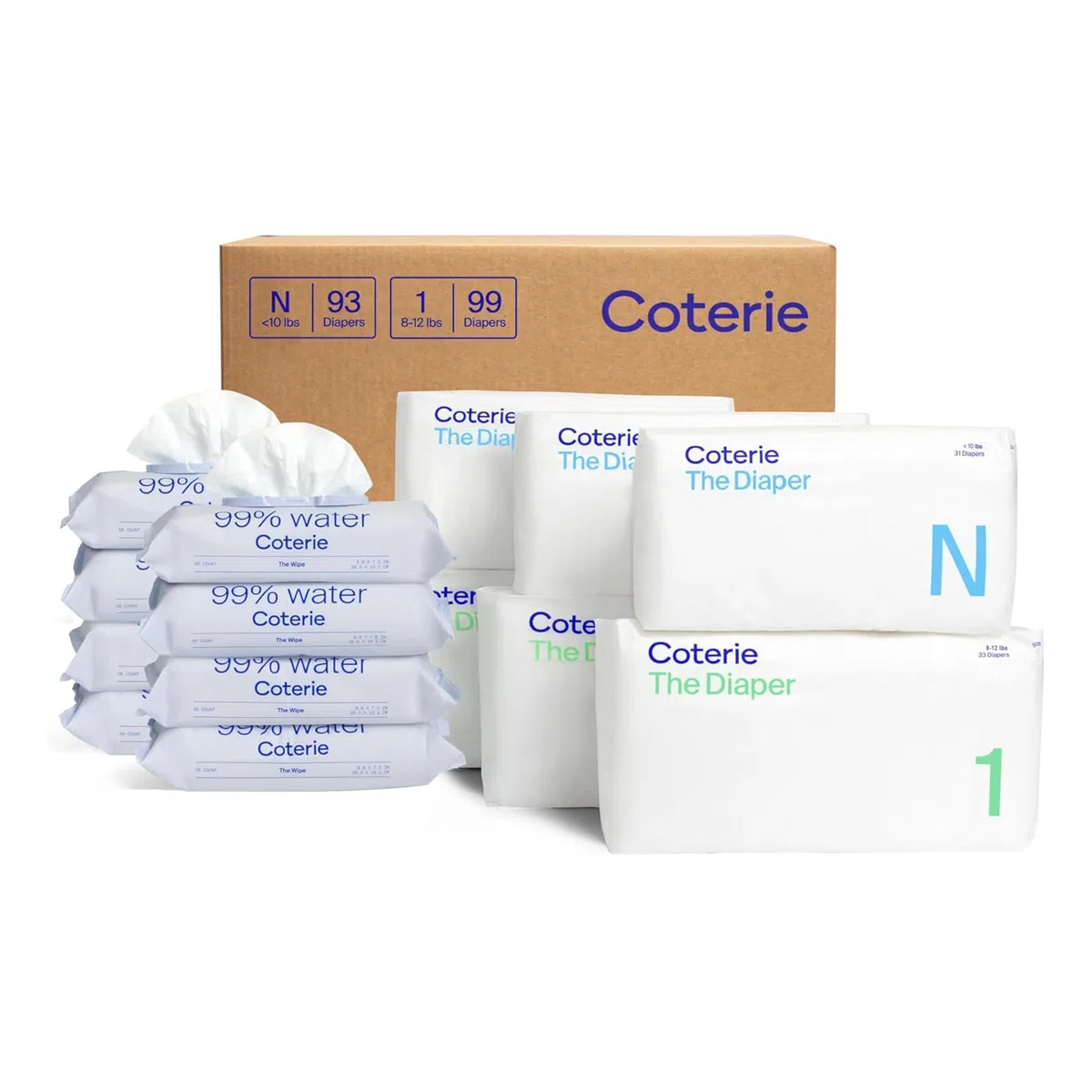 Coterie Kit de toallitas para bebé + pañales, tamaño 1 (99 unidades) y tamaño de pañales para recién nacidos (93 unidades), paquete de 8 (448) toallitas para bebé con 99% de agua, materiales a base de