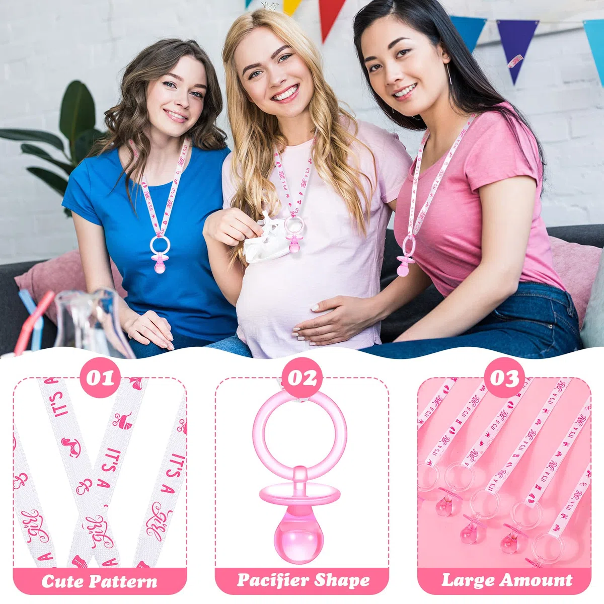 Junkin 60 piezas de collares de acrílico para baby shower, chupetes de bebé, regalos de fiesta, chupetes para decoración de fiesta de baby shower, estilo niña (rosa, blanco)