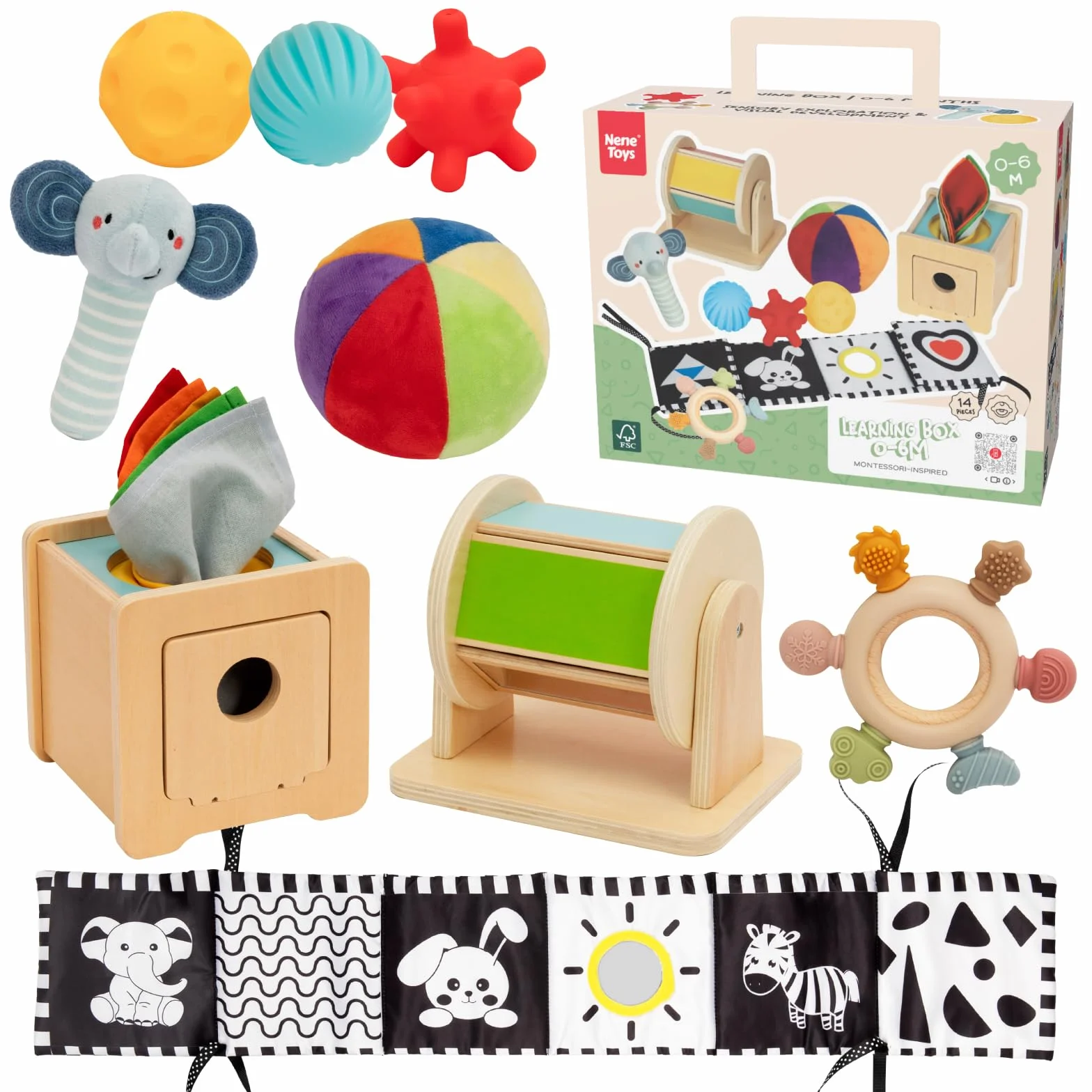 Nene Toys Juguetes Montessori Bebé 0–6 Meses – Caja Sensorial 7-en-1 con Libro Blanco y Negro, Caja Pañuelos, Tambor Madera Giratorio, Pelotas Sensoriales, Mordedor y Sonajero – Regalo Recién Nacido
