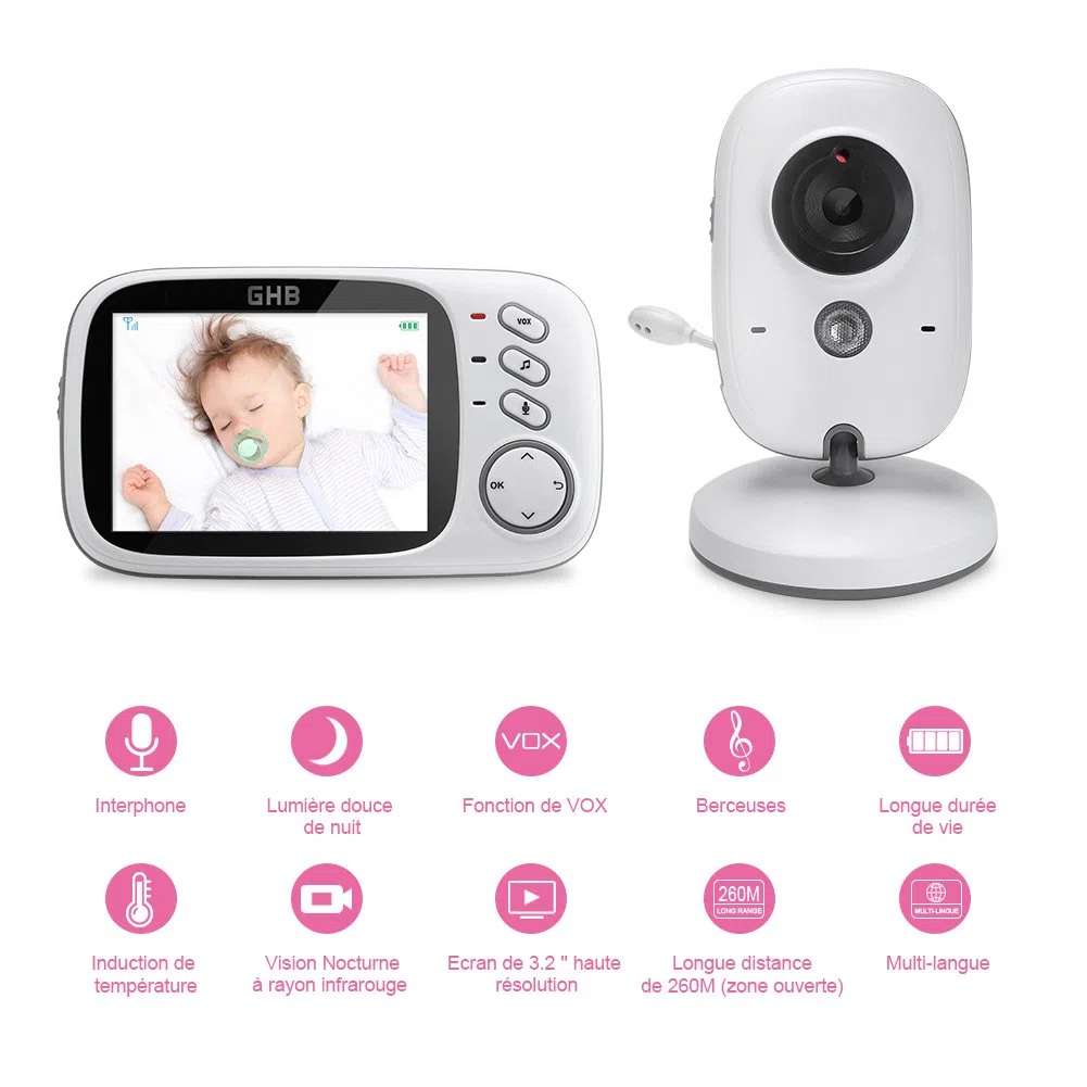 'GHB bebé Monitor 3.2 LCD Color vigila bebes vídeo Vigilabebés Video Camera Surveillance 2.4 GHz radios volante Babyviewer de noctovision.