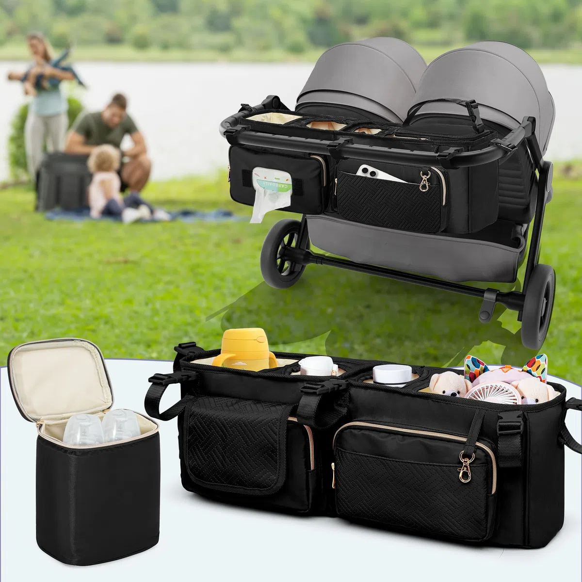 Organizador para Cochecito Doble Compatible con BOB Duallie y City Mini GT2 Cochecito Doble, Organizador para Cochecito Doble con Portavasos y Bolsa Nevera,Negro (Bolsa Vacía)