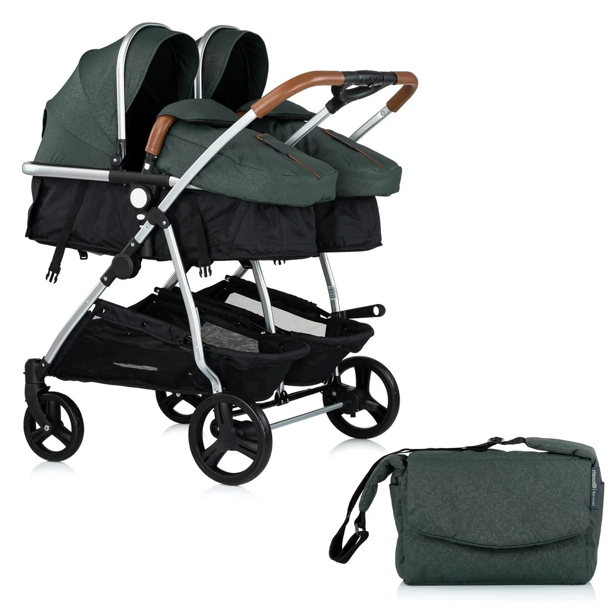DUO SMART - Cochecito gemelos o niños juntos, ancho 79 cm, color verde sin acogedor