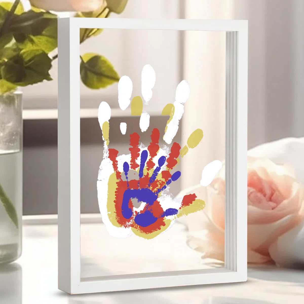CHERRY CHEERS Kit de huellas dactilares familiares, marco de madera de recuerdo artesanal DIY, juego de regalo Endlos, pinturas no tóxicas, hojas transparentes (marrón) (White)