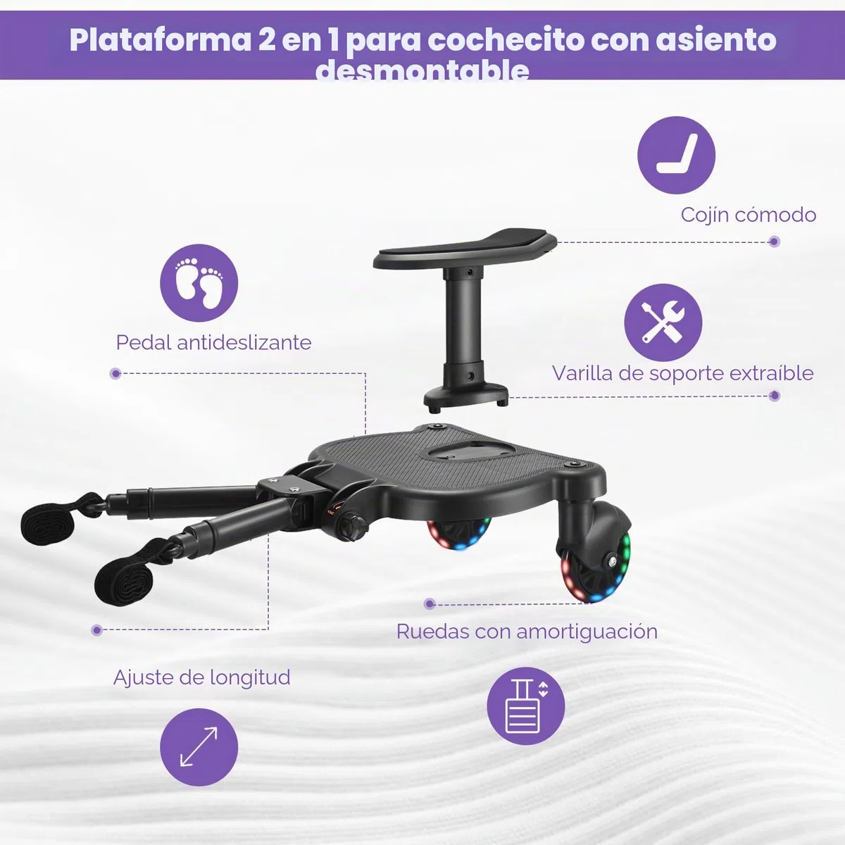 Patinete Carro Bebe Universal, Buggy Board con Asiento y Ruedas LED, Accesorio para Cochecito, Para Niños de 2 a 6 Nños, Cargar 25KG